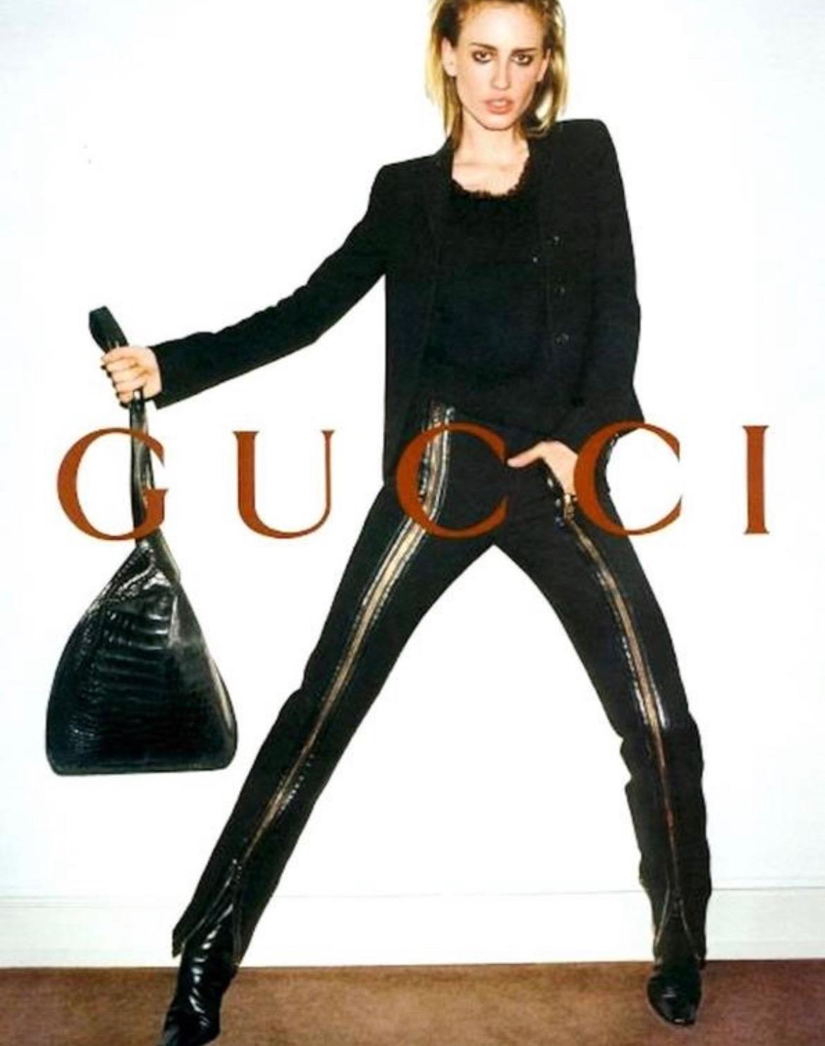 F/W 2001 Gucci by Tom Ford Runway Double Zip-Up Leather Pocket Black Wool Pants For Sale 4