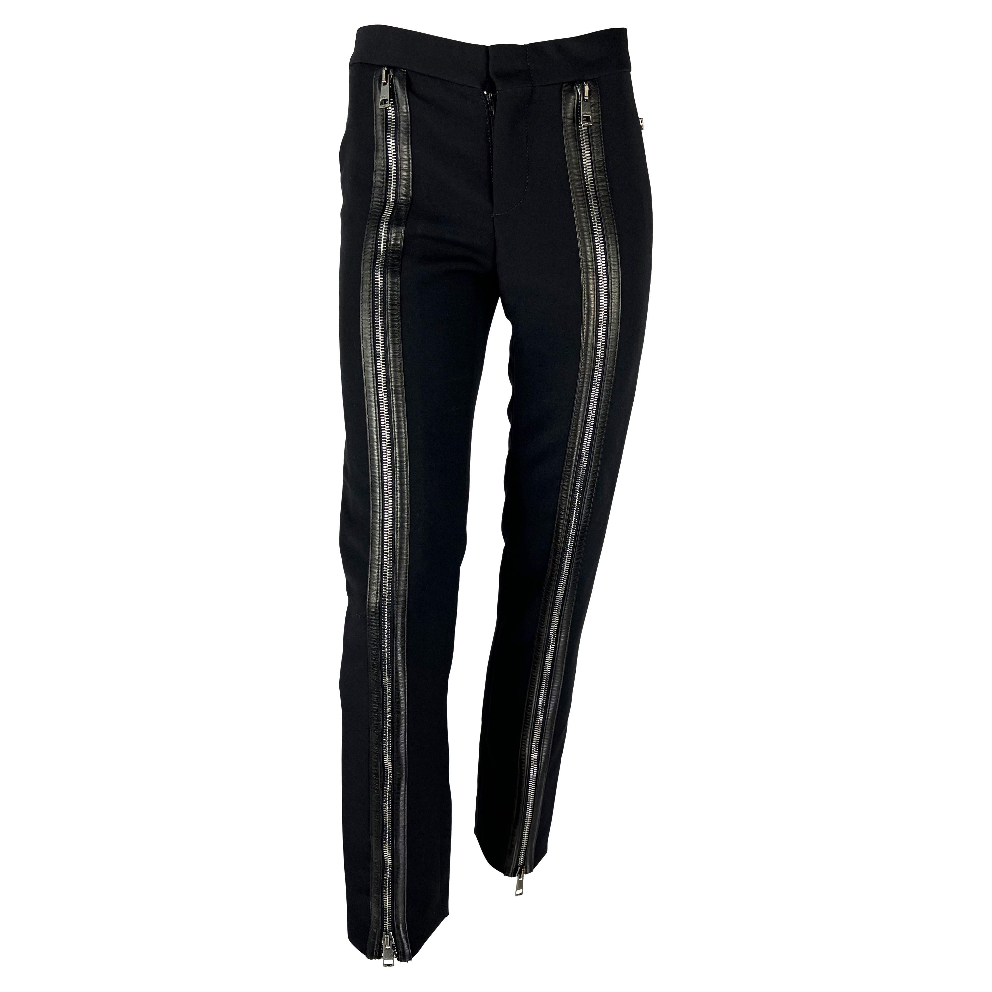 F/W 2001 Gucci by Tom Ford Runway Double Zip-Up Leather Pocket Black Wool Pants For Sale
