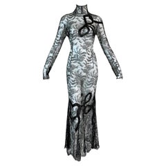 F/W 2001 John Galliano Sheer Black Lace Brown Silk Ribbon Details Gown Dress