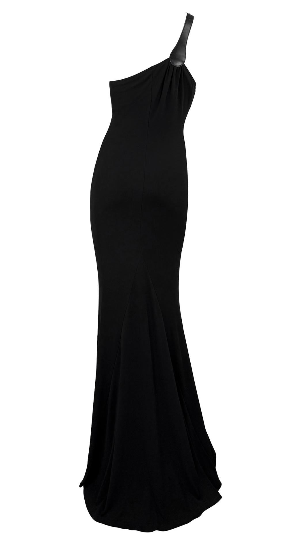 F/W 2001 Michael Kors Runway Black Leather Asymmetric Strap Bodycon Sample Gown For Sale 5