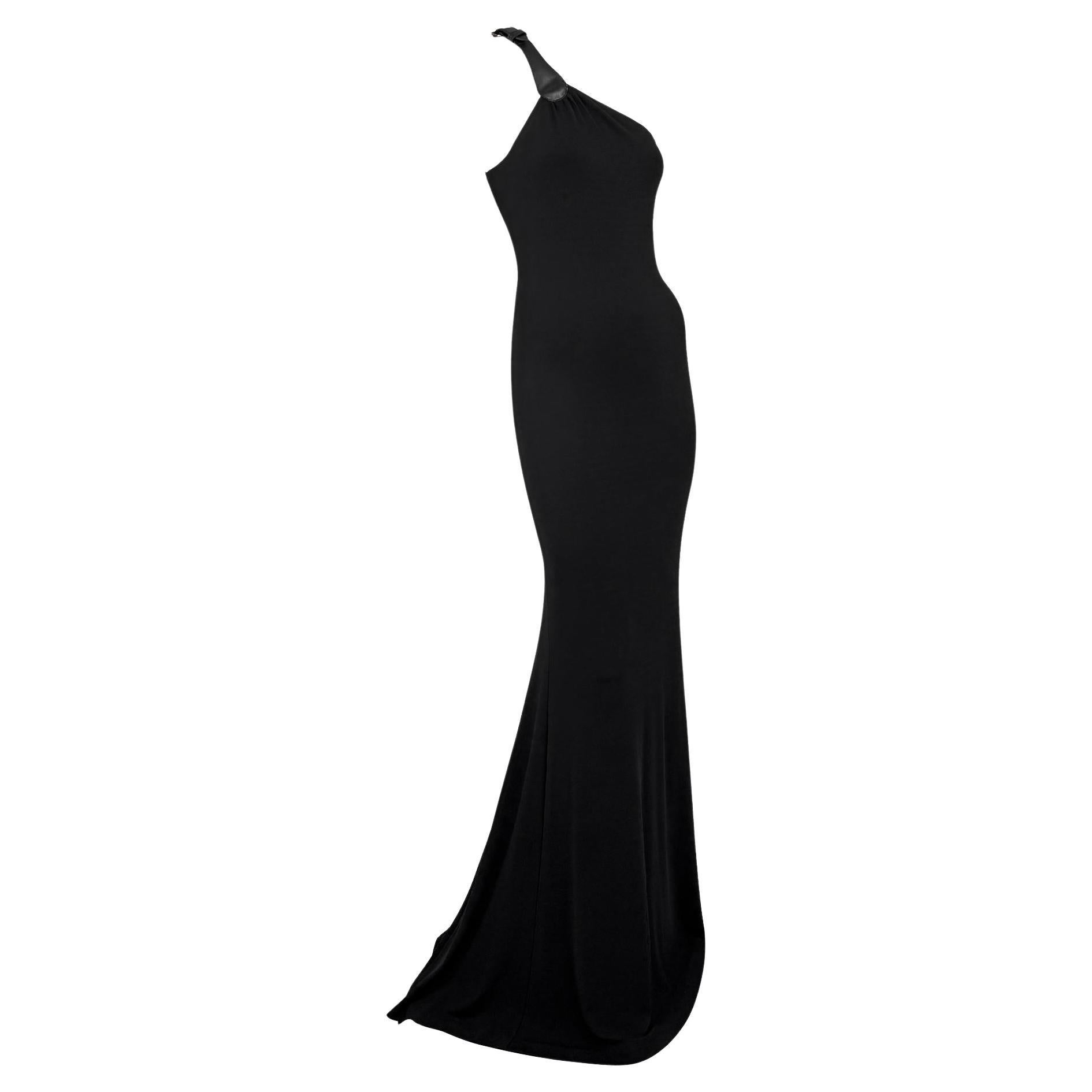 F/W 2001 Michael Kors Runway Black Leather Asymmetric Strap Bodycon Sample Gown For Sale