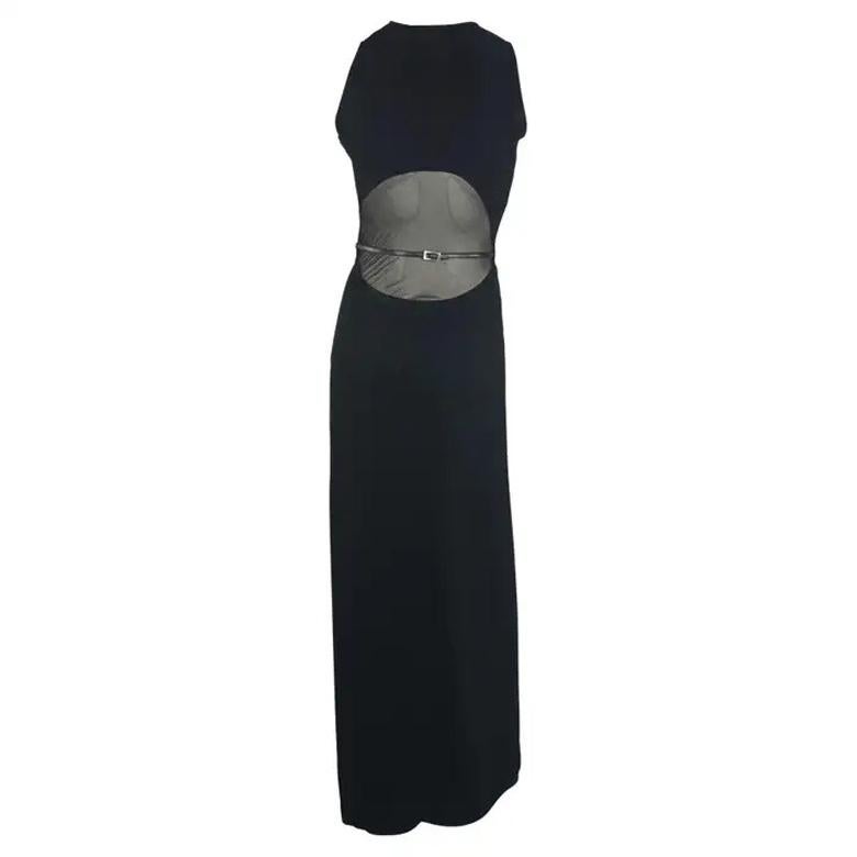 F/W 2001 Paco Rabanne Runway Buckle Sheer Panel Black Bodycon Y2K Gown For Sale
