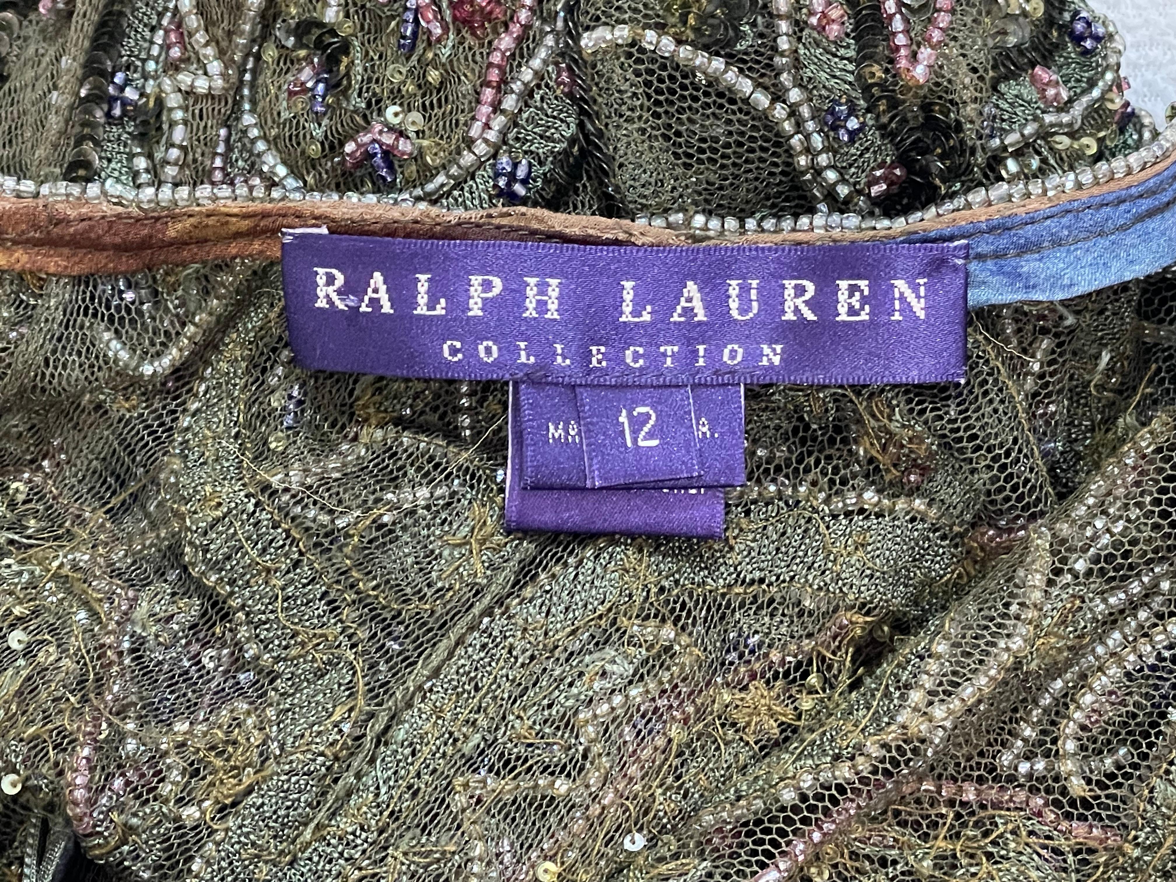 F/W 2001 Ralph Lauren Collection Runway Sheer Green Silk Mesh Beaded Gown Dress 1
