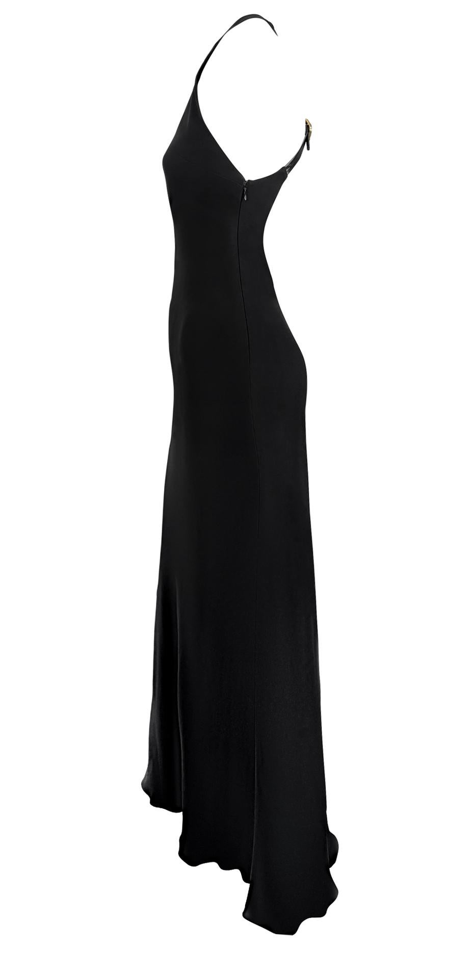 F/W 2001 Ralph Lauren Runway Black Leather Strap Backless Silk Flare Gown For Sale 6