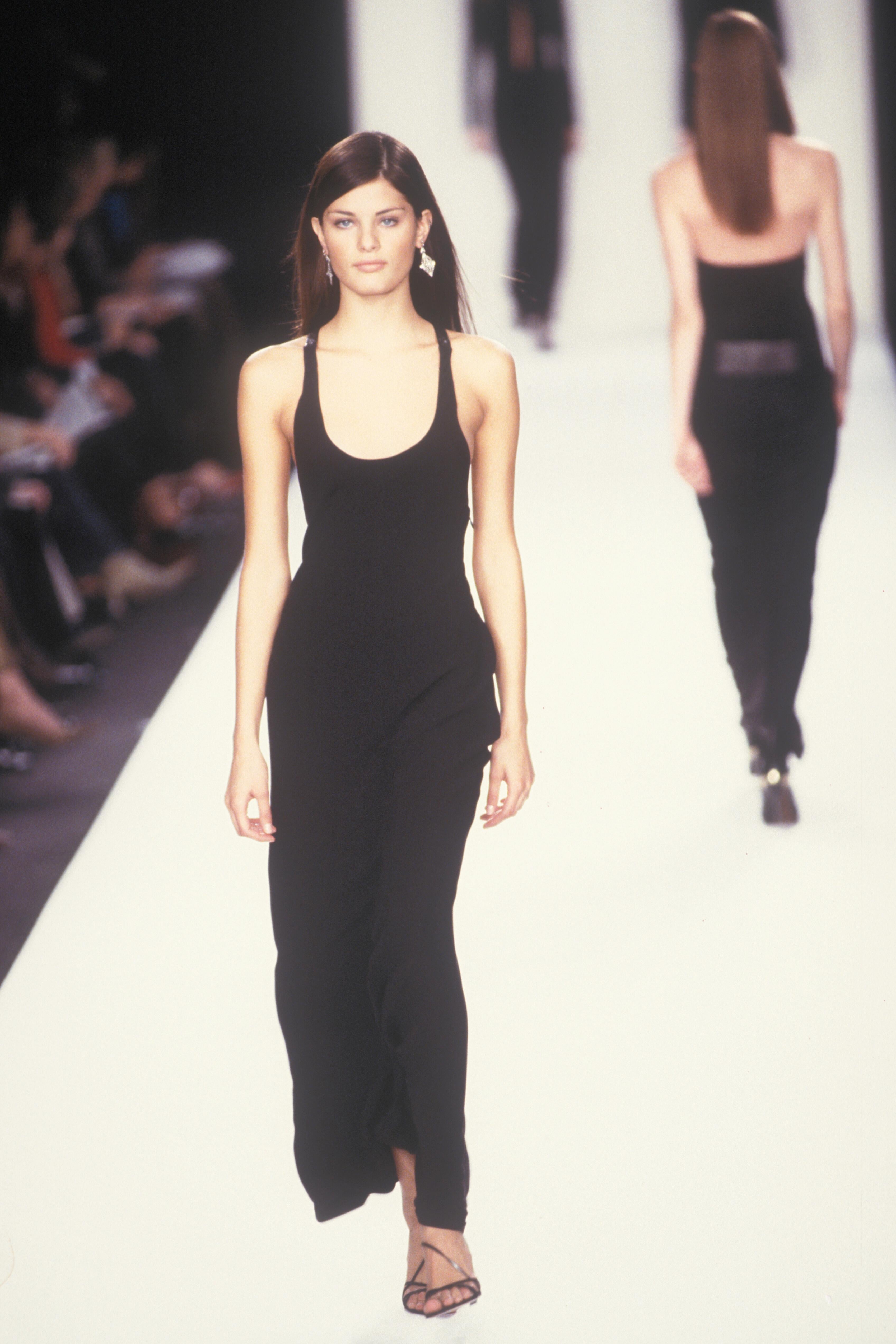 F/W 2001 Ralph Lauren Runway Black Leather Strap Backless Silk Flare Gown In Excellent Condition For Sale In West Hollywood, CA