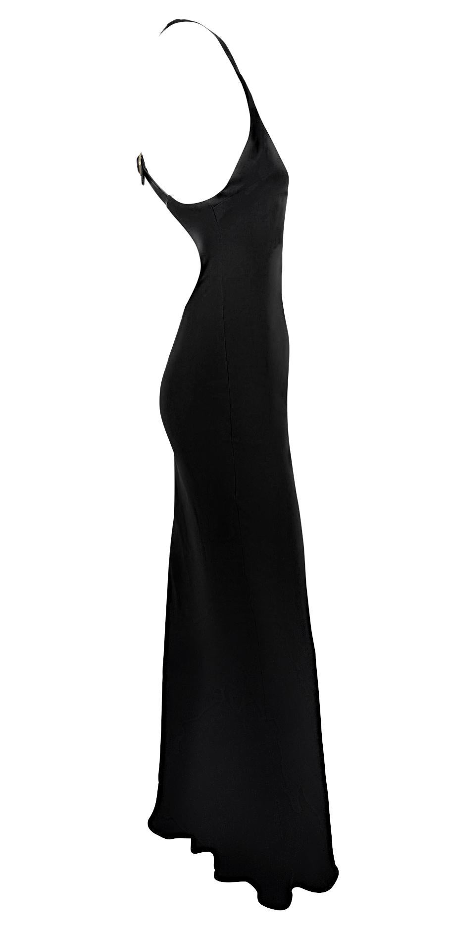 F/W 2001 Ralph Lauren Runway Black Leather Strap Backless Silk Flare Gown For Sale 1