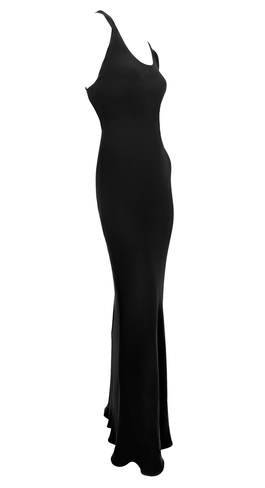 F/W 2001 Ralph Lauren Runway Black Leather Strap Backless Silk Flare Gown For Sale 2
