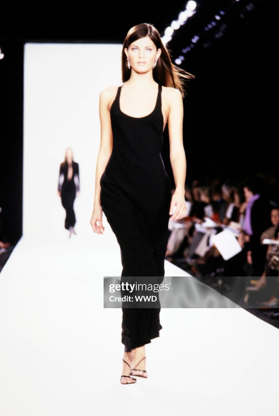F/W 2001 Ralph Lauren Runway Black Leather Strap Backless Silk Flare Gown For Sale 3