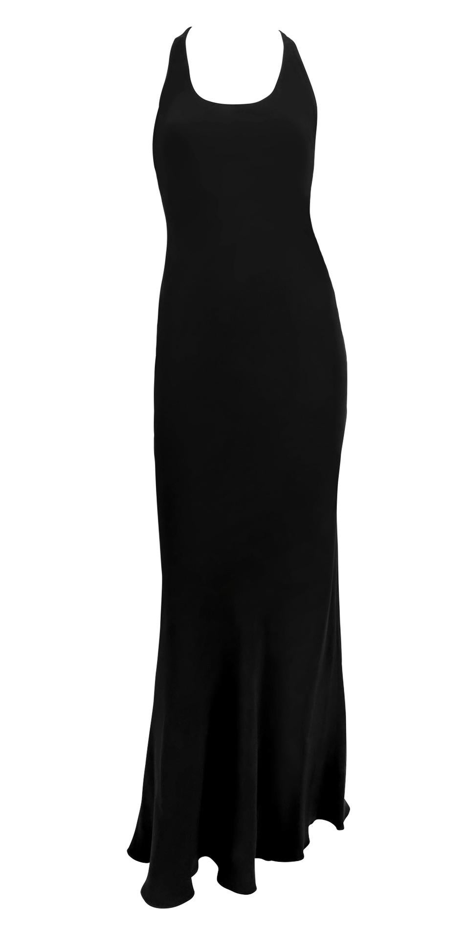 F/W 2001 Ralph Lauren Runway Black Leather Strap Backless Silk Flare Gown For Sale 4