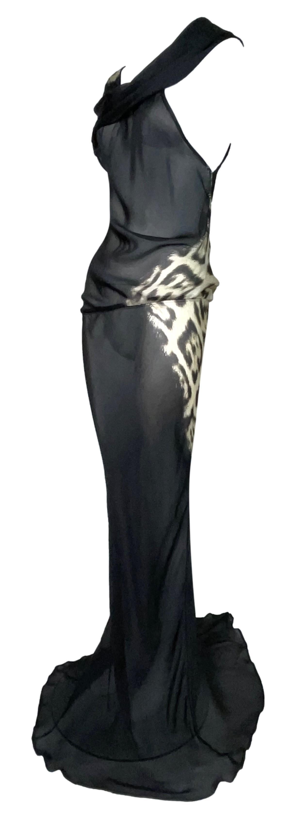 Women's F/W 2001 Roberto Cavalli Runway Sheer Black & Leopard Silk Extra Long Gown Dress