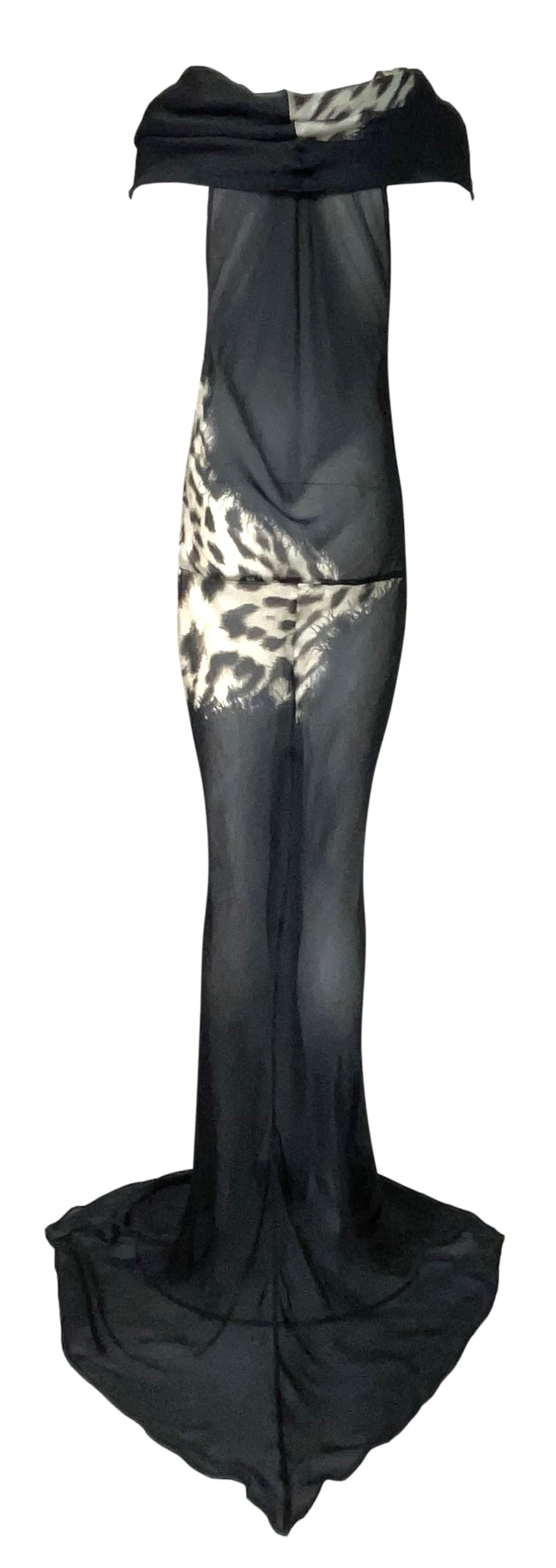F/W 2001 Roberto Cavalli Runway Sheer Black & Leopard Silk Extra Long Gown Dress 1