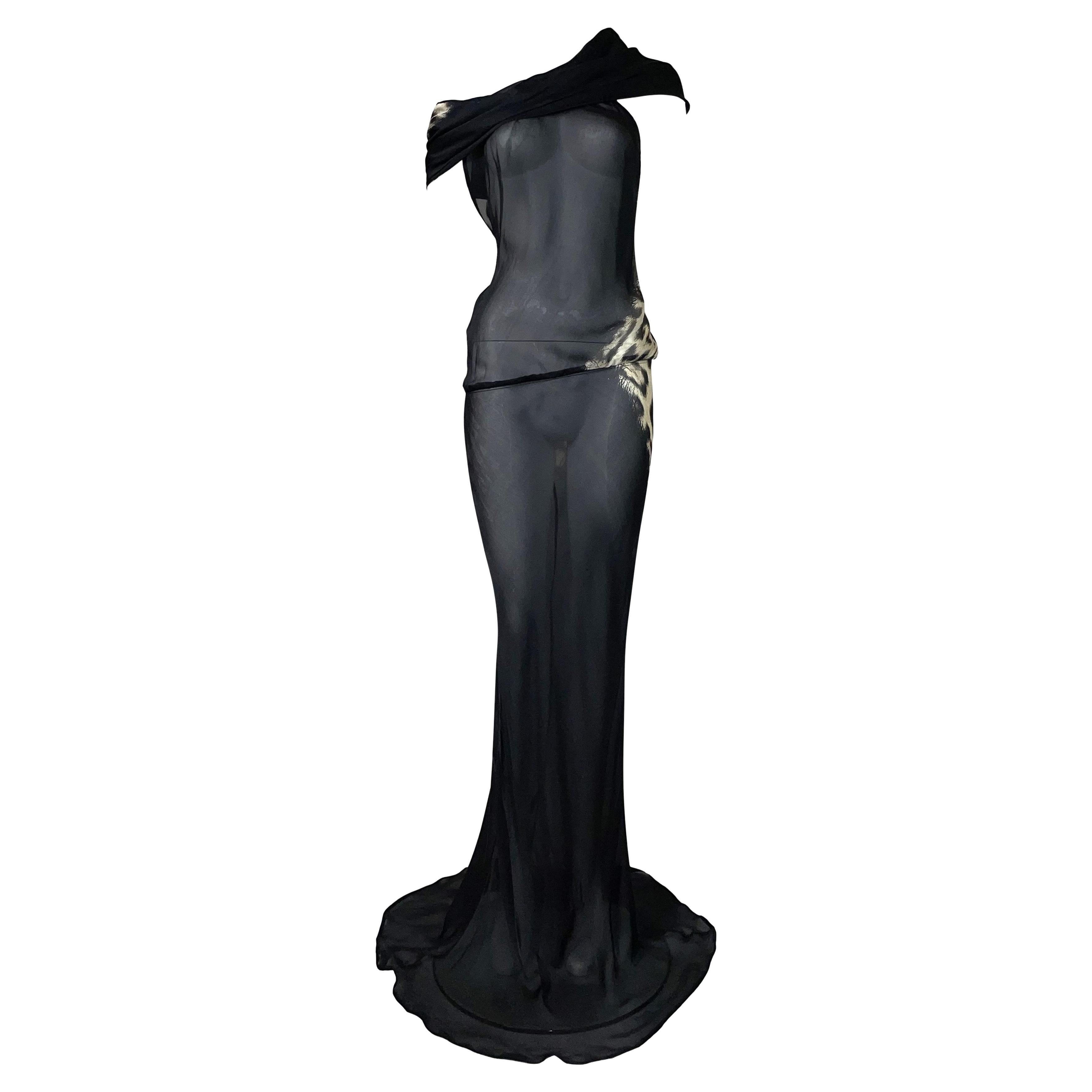 F/W 2001 Roberto Cavalli Runway Sheer Black & Leopard Silk Extra Long Gown Dress