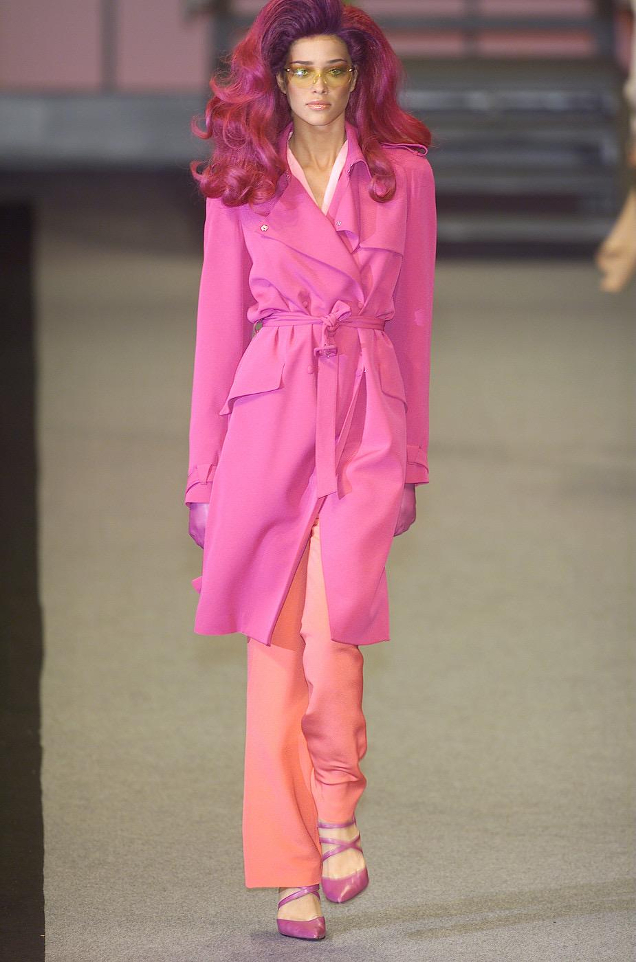 Presenting a hot, hot pink Thierry Mugler Couture trench coat from Manfried Thierry Mugler's final collection before his retirement, the Fall/Winter 2001 