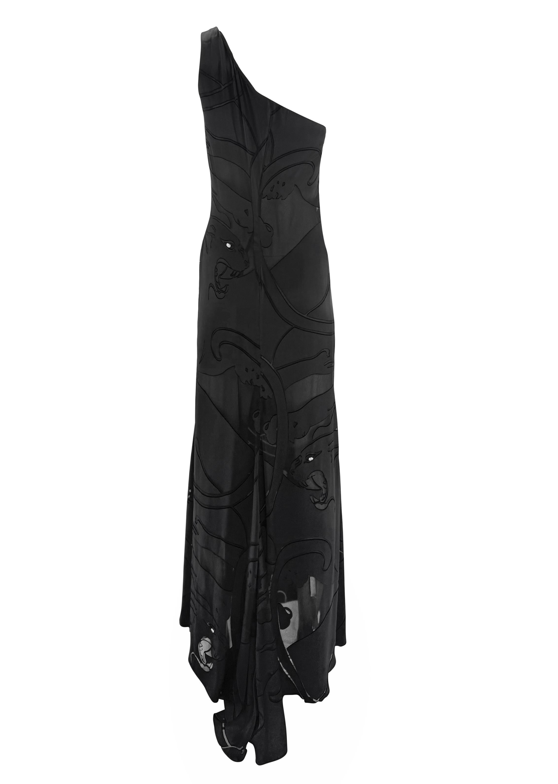 F/W 2001 Valentino Garavani Laufstegkleid aus Satin mit schwarzem Panther und Strasssteinen im Angebot 3