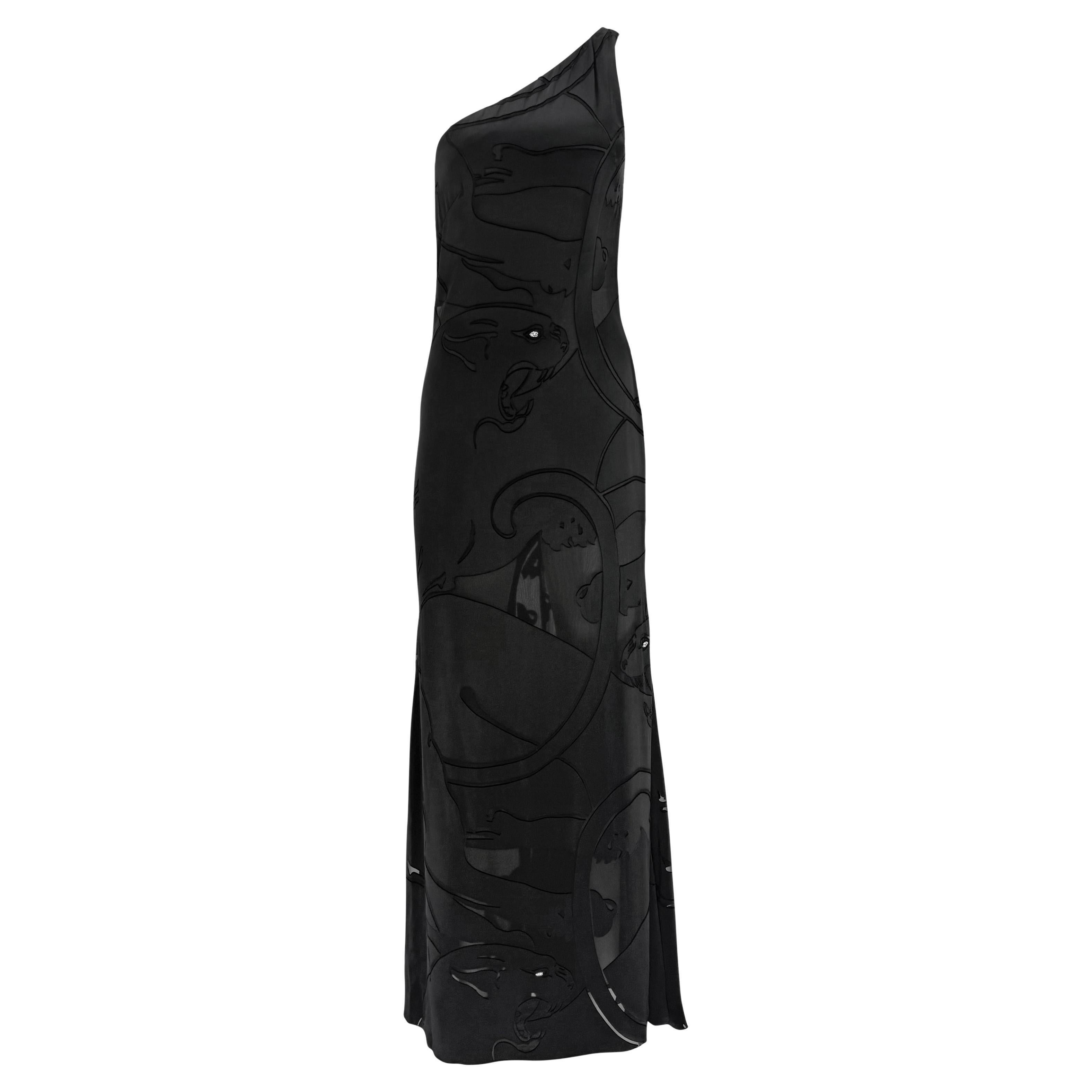 F/W 2001 Valentino Garavani Laufstegkleid aus Satin mit schwarzem Panther und Strasssteinen im Angebot