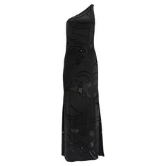 F/W 2001 Valentino Garavani Runway Satin Black Panther Sheer Rhinestone Gown