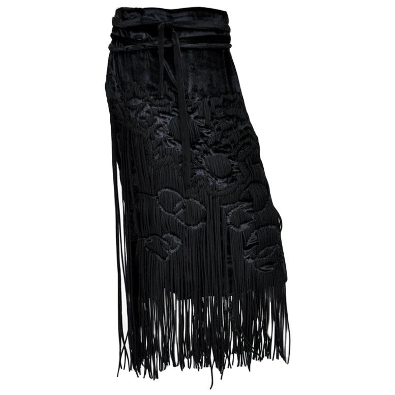 F/W 2001 Vintage Tom Ford for Yves Saint Laurent black velvet skirt with fringe