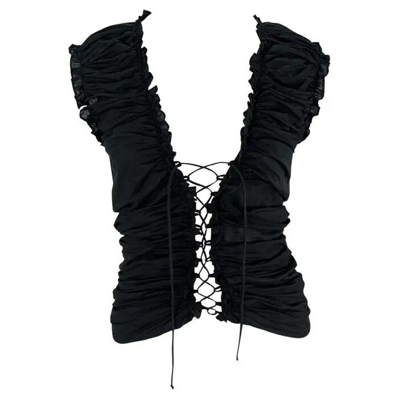 A/I 2001 Tom Ford for Yves Saint Laurent by Tom Ford Top nero senza maniche con increspature e senza maniche a tuffo