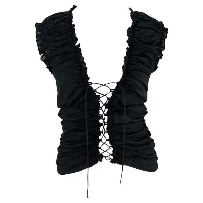 F/W 2001 Yves Saint Laurent by Tom Ford Top negro sin mangas con pliegues acanalados en venta