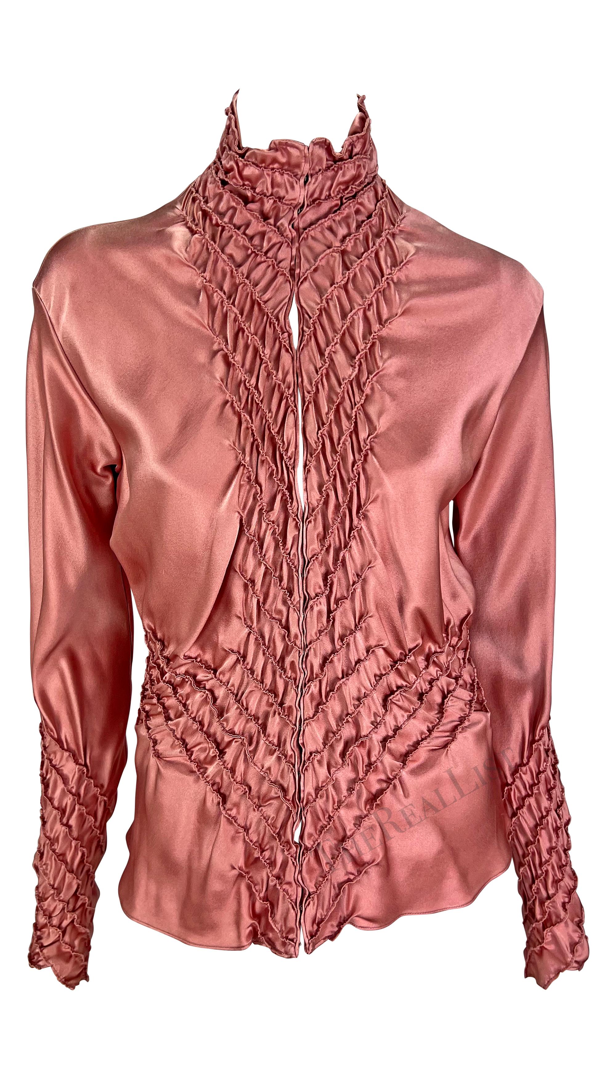F/W 2001 Yves Saint Laurent by Tom Ford Pink Silk Satin Ruched Long Sleeve Top In Excellent Condition In West Hollywood, CA