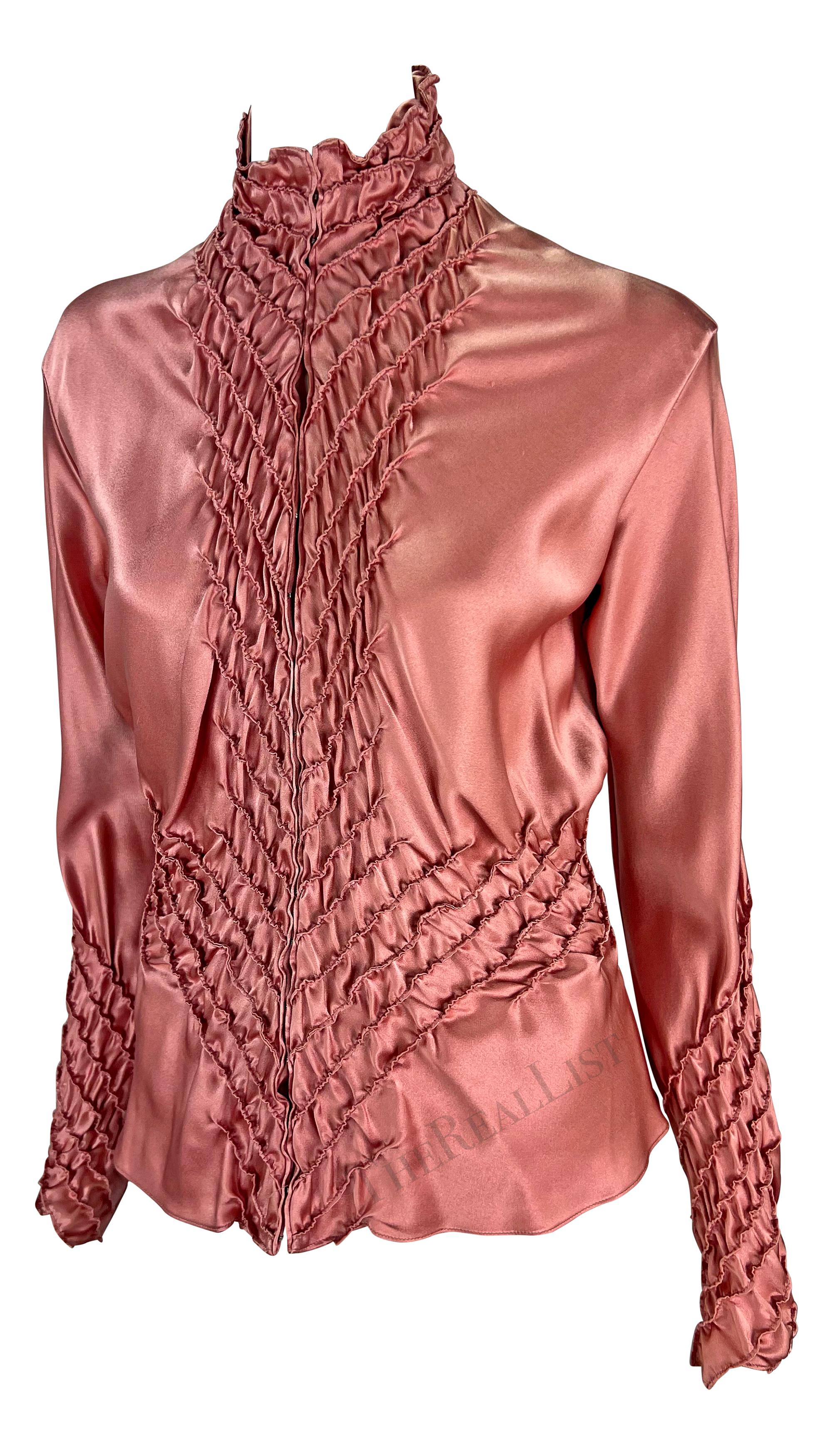 F/W 2001 Yves Saint Laurent by Tom Ford Pink Silk Satin Ruched Long Sleeve Top 1