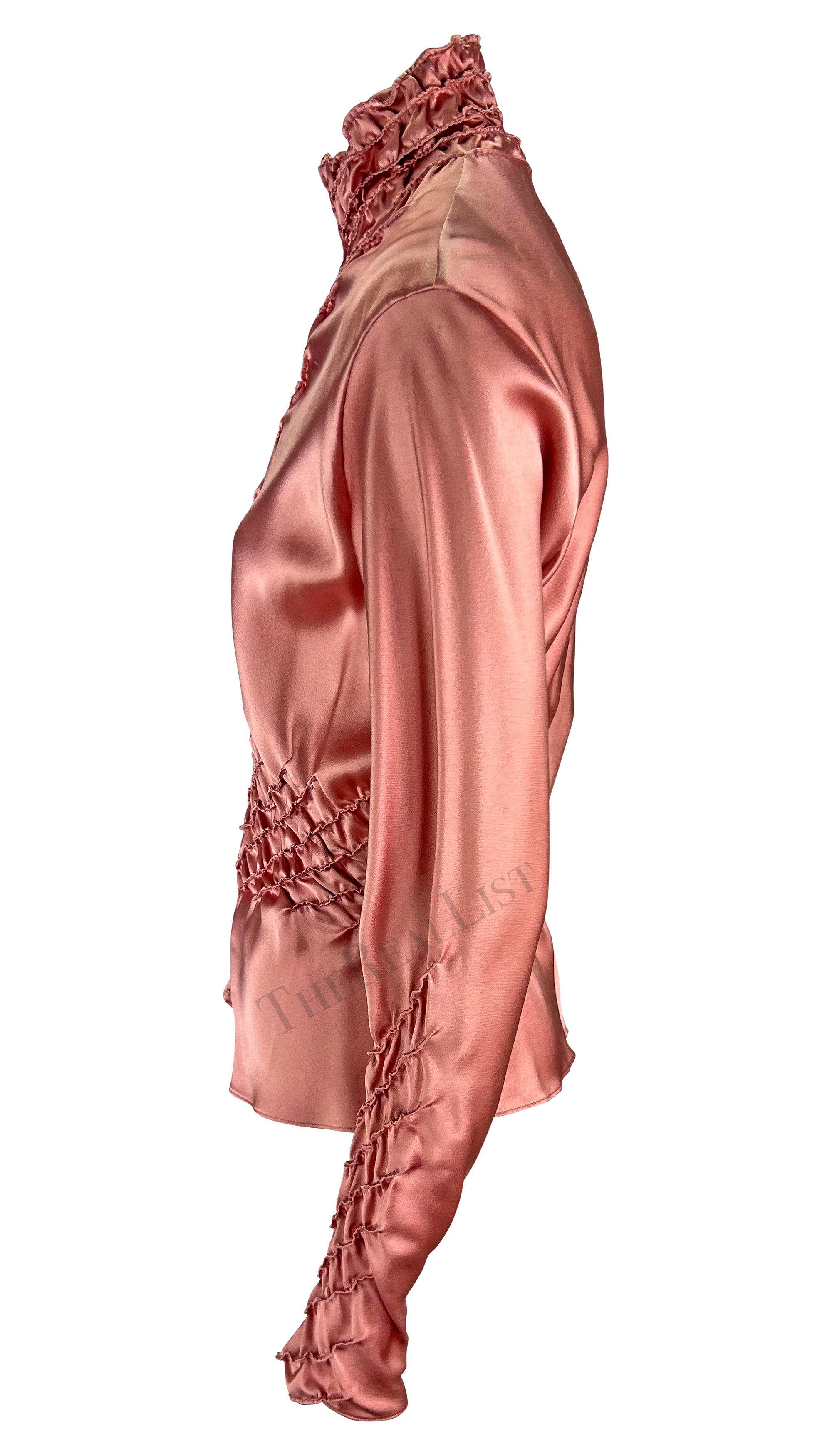 F/W 2001 Yves Saint Laurent by Tom Ford Pink Silk Satin Ruched Long Sleeve Top 2