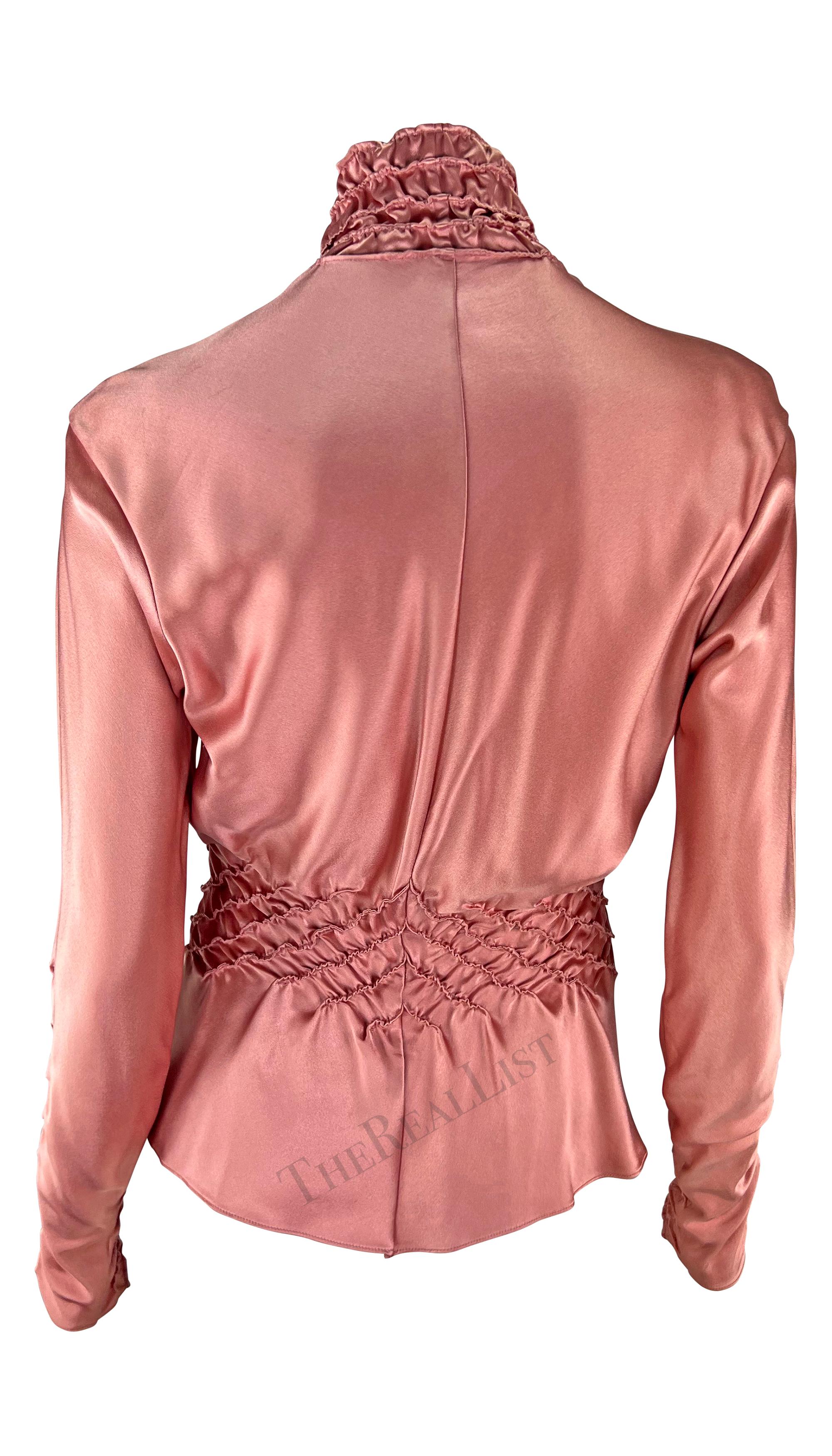 F/W 2001 Yves Saint Laurent by Tom Ford Pink Silk Satin Ruched Long Sleeve Top 3