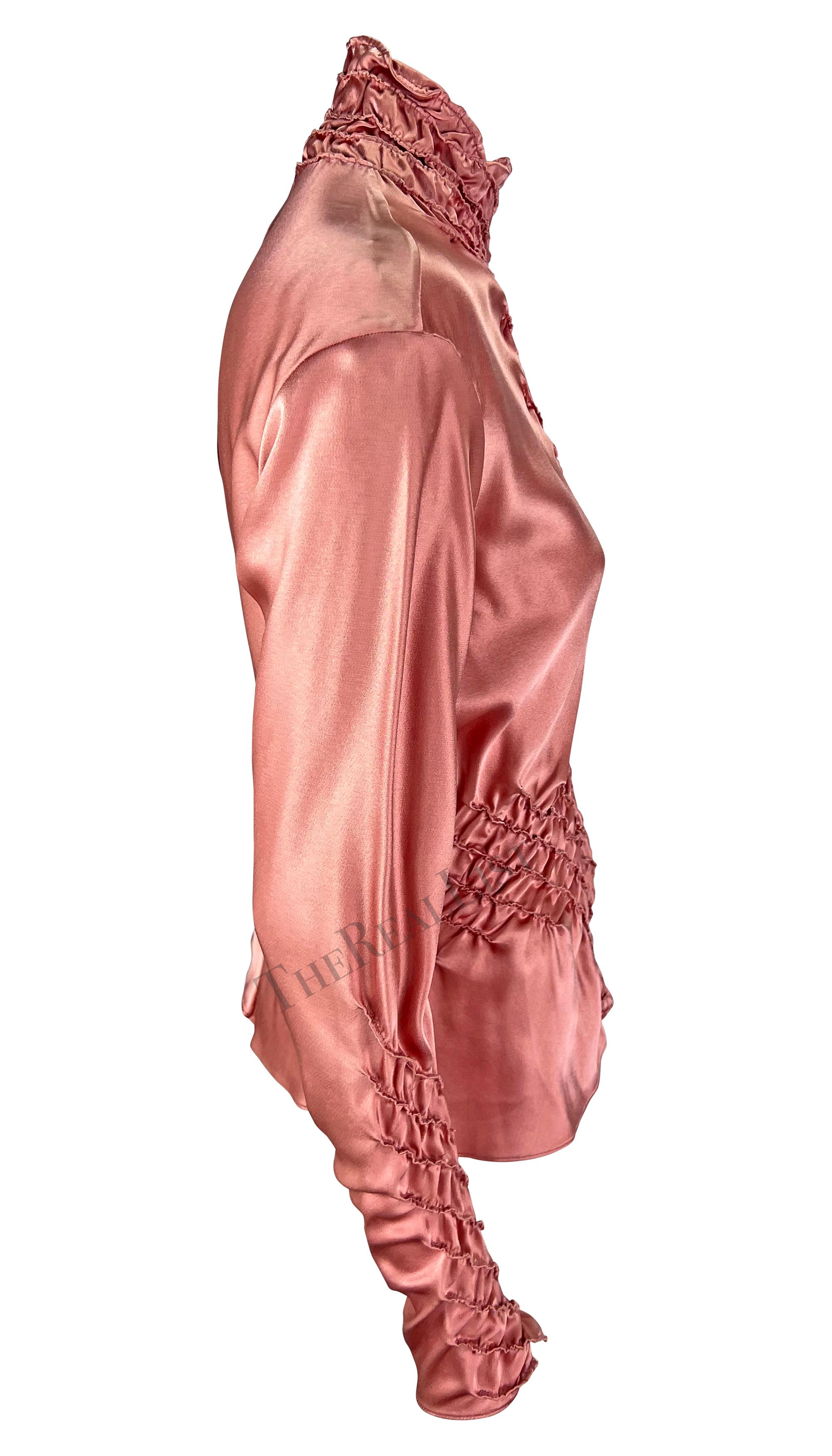 F/W 2001 Yves Saint Laurent by Tom Ford Pink Silk Satin Ruched Long Sleeve Top 4