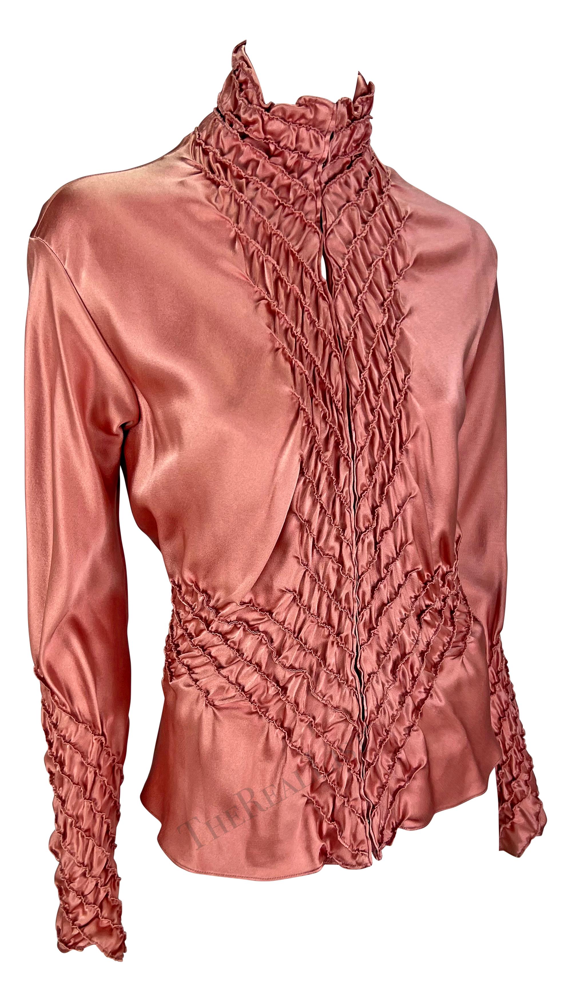 F/W 2001 Yves Saint Laurent by Tom Ford Pink Silk Satin Ruched Long Sleeve Top 5