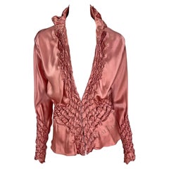 Vintage F/W 2001 Yves Saint Laurent by Tom Ford Pink Silk Satin Ruched Long Sleeve Top