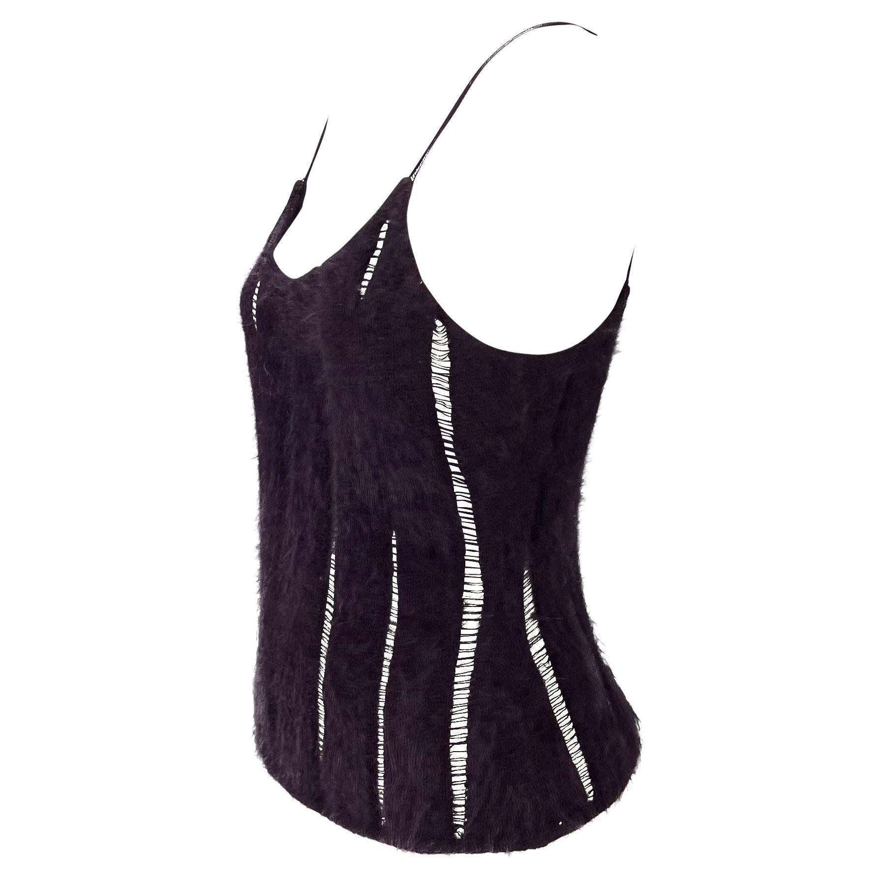 Presenting a purple angora panel Yves Saint Laurent Rive Gauche tank top designed by Tom Ford. From the Fall/Winter 2001 collection, this knit tank top features lush, deep purple angora panels. Each vertical panel is held together by small pieces of