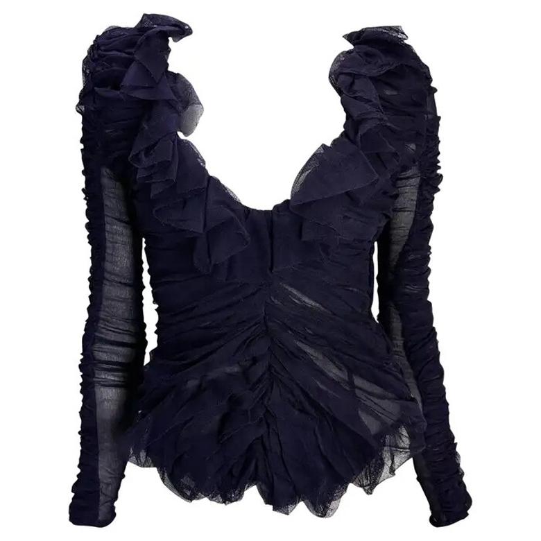 F/W 2001 Yves Saint Laurent by Tom Ford Ruched Purple Tulle Sheer Ruffle Blouse For Sale