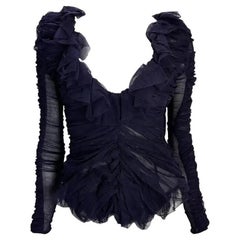 F/W 2001 Yves Saint Laurent by Tom Ford Gerüschte lila Tüll-Bluse mit durchsichtigen Rüschen Bluse mit Rüschen