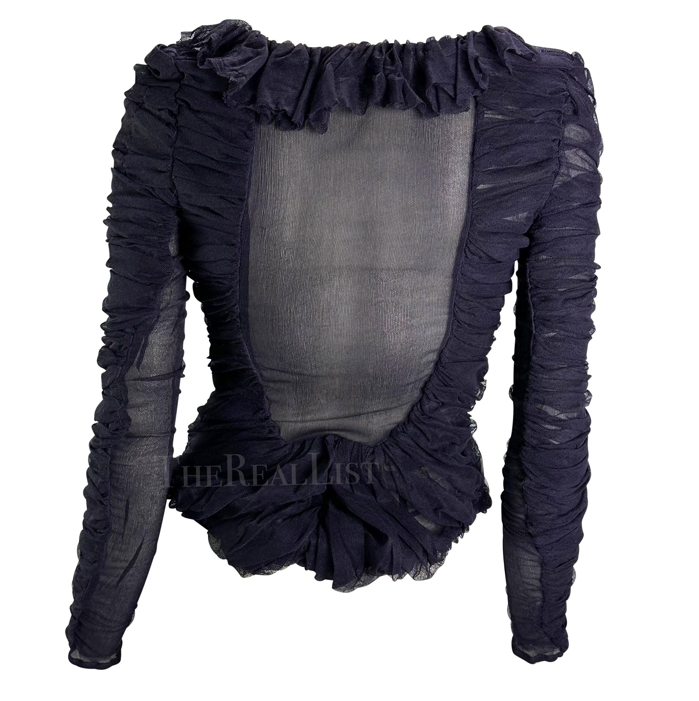 F/W 2001 Yves Saint Laurent by Tom Ford Ruched Purple Tulle Sheer Ruffle Blouse For Sale 1