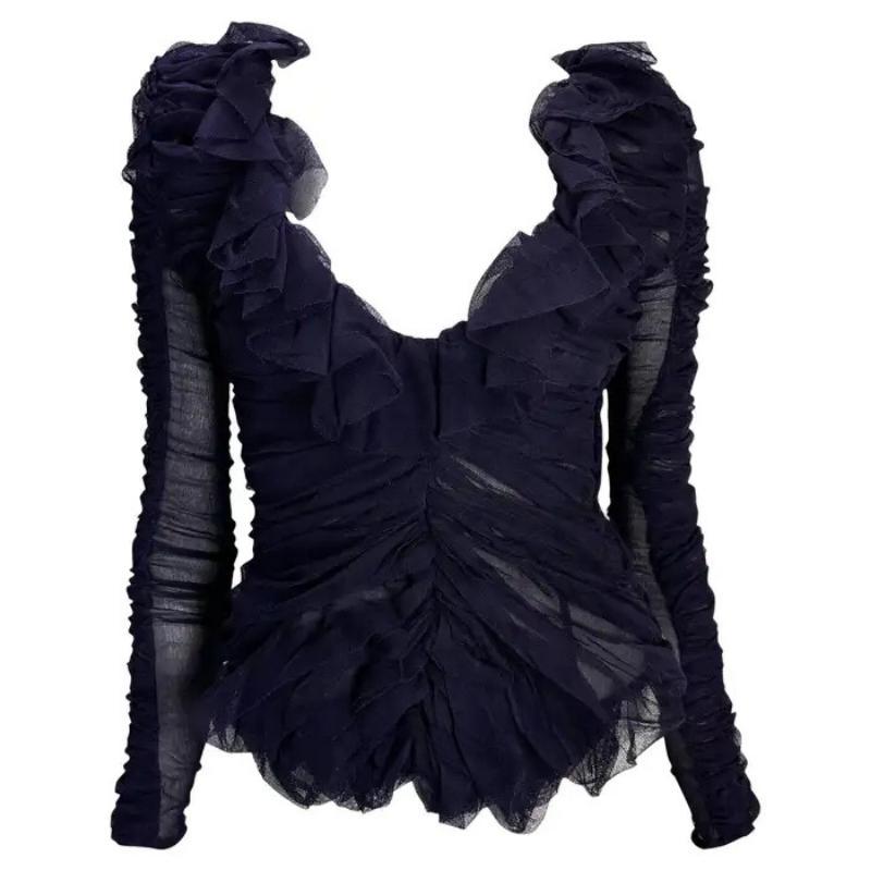 F/W 2001 Yves Saint Laurent by Tom Ford Gerüschte lila Tüll-Bluse mit durchsichtigen Rüschen Bluse mit Rüschen im Angebot