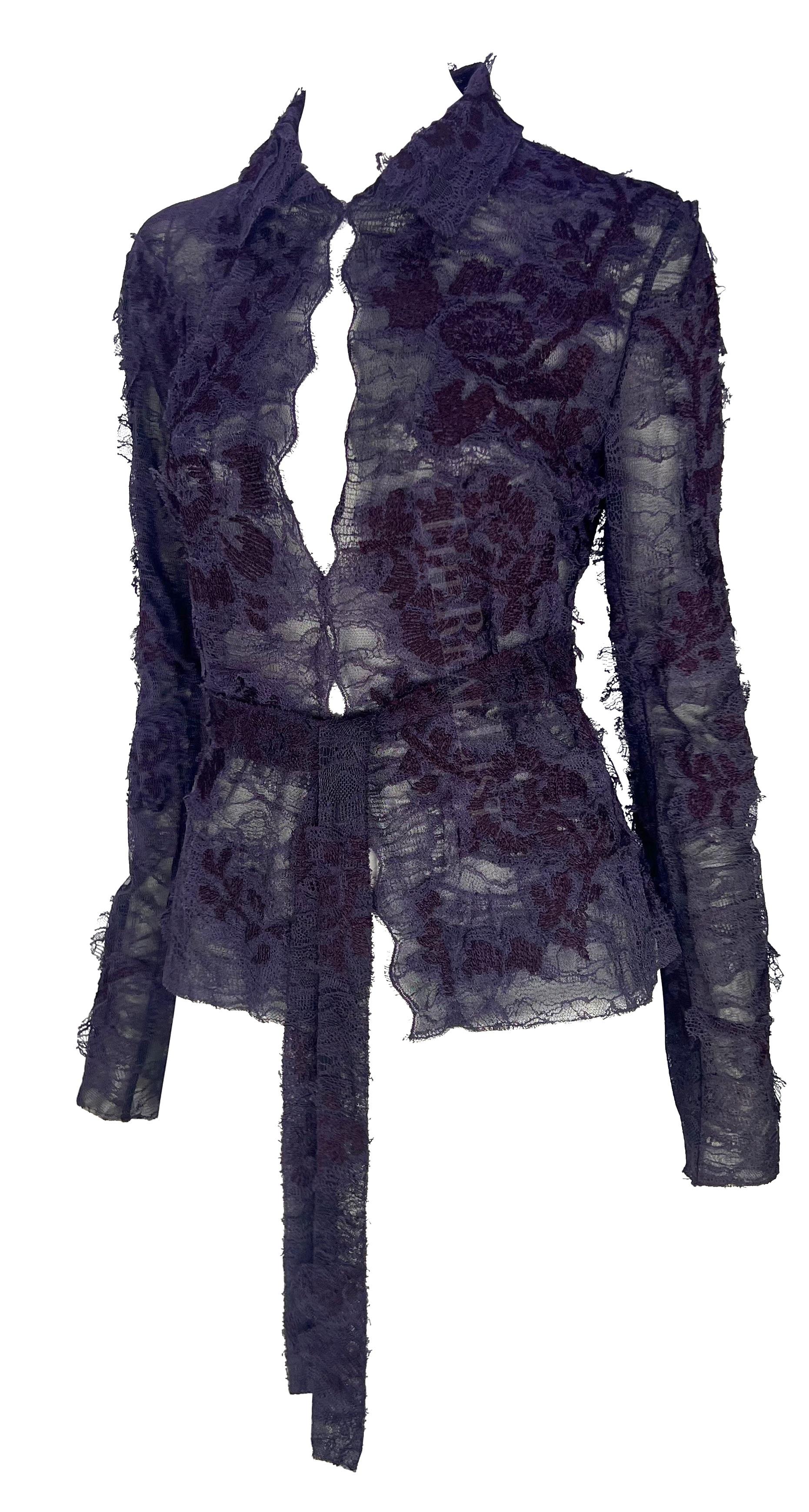 F/W 2001 Yves Saint Laurent by Tom Ford Runway Purple Floral Lace Tie Blouse In Excellent Condition For Sale In West Hollywood, CA