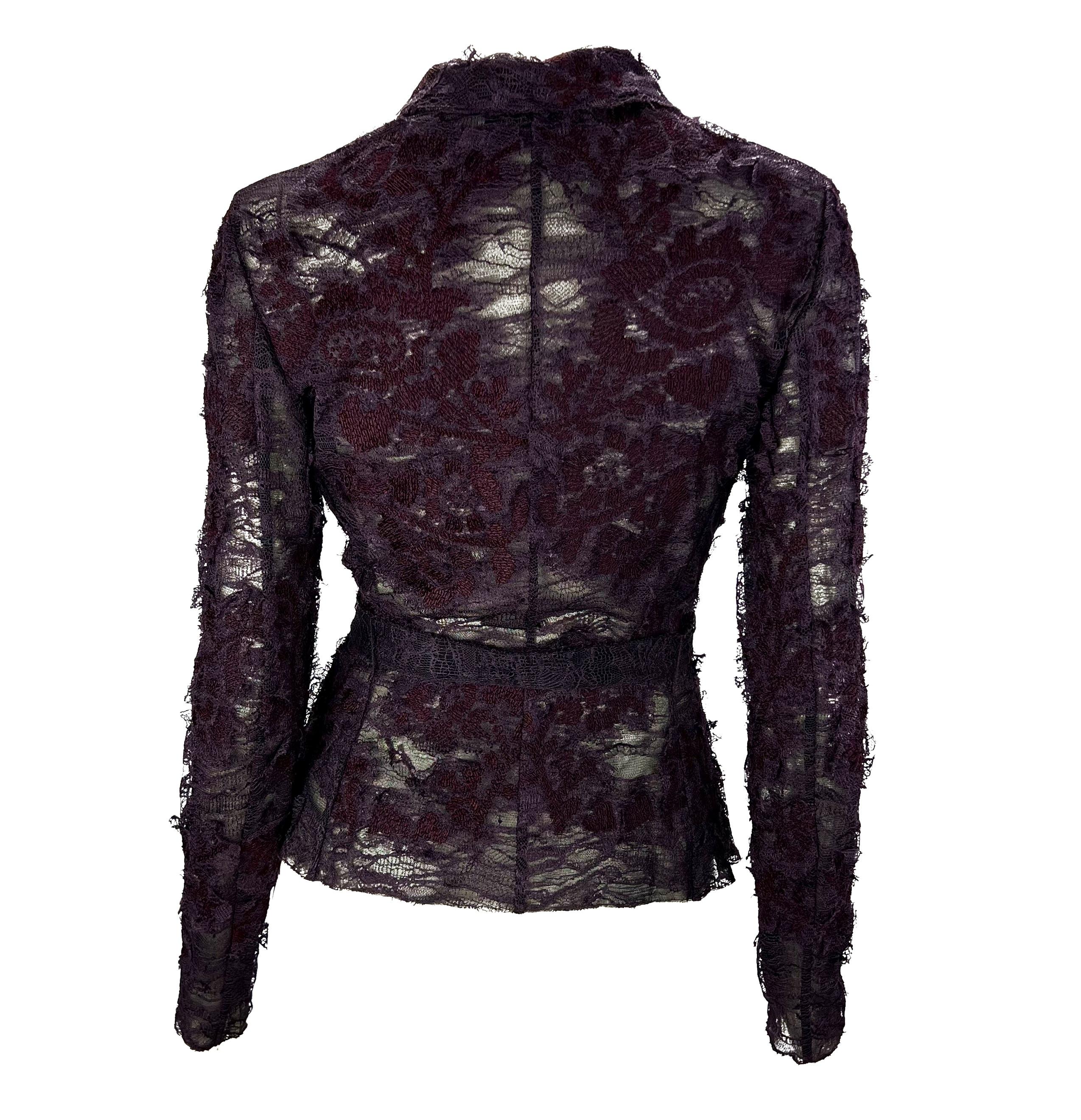 Black F/W 2001 Yves Saint Laurent by Tom Ford Runway Purple Floral Lace Tie Blouse For Sale