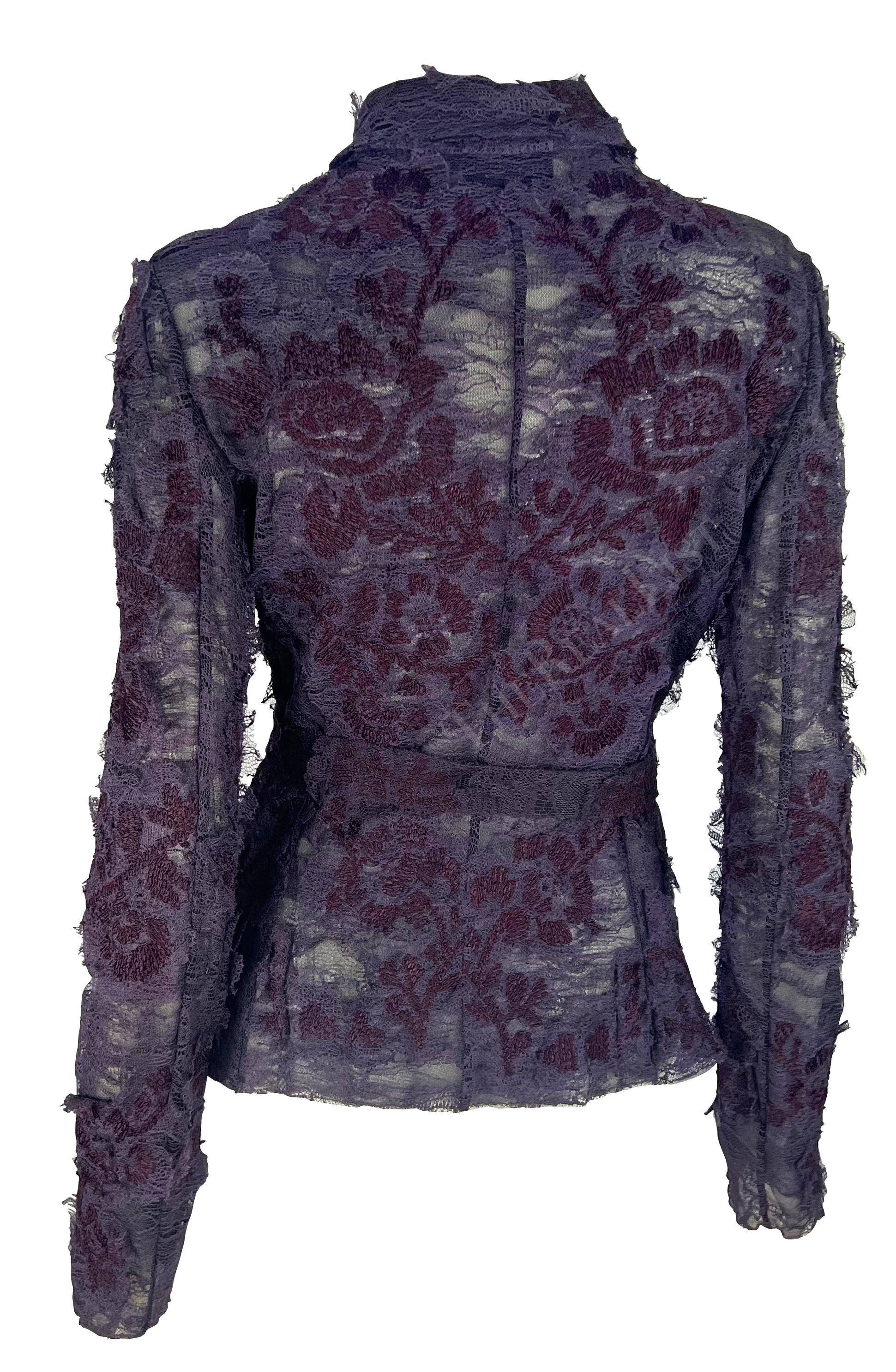 F/W 2001 Yves Saint Laurent by Tom Ford Runway Purple Floral Lace Tie Blouse For Sale 2