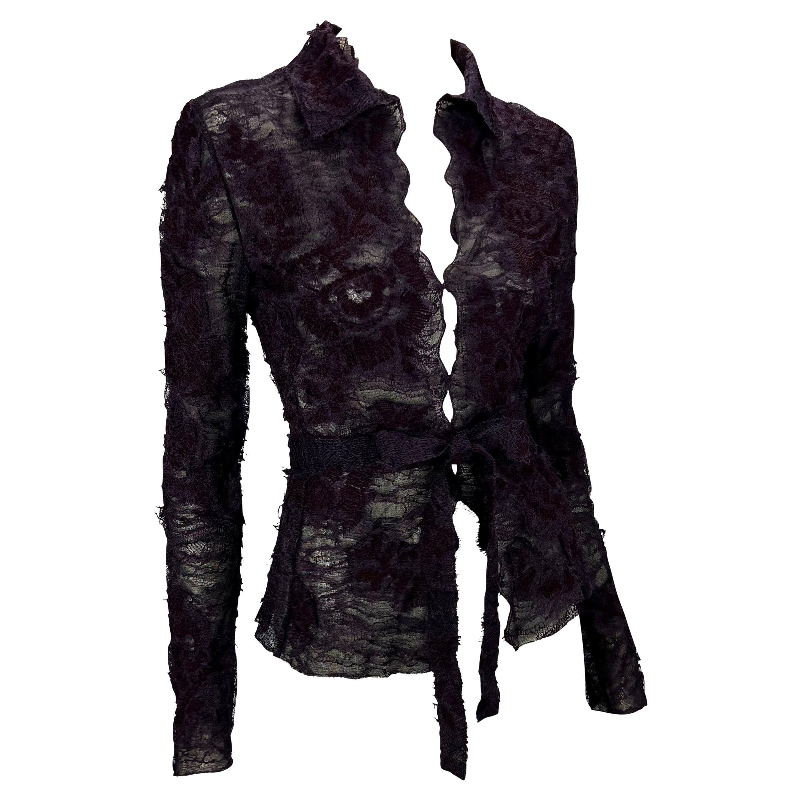 Women's F/W 2001 Yves Saint Laurent by Tom Ford Runway Purple Floral Lace Tie Blouse