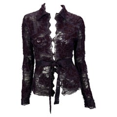 F/W 2001 Yves Saint Laurent by Tom Ford Runway Purple Floral Lace Tie Blouse