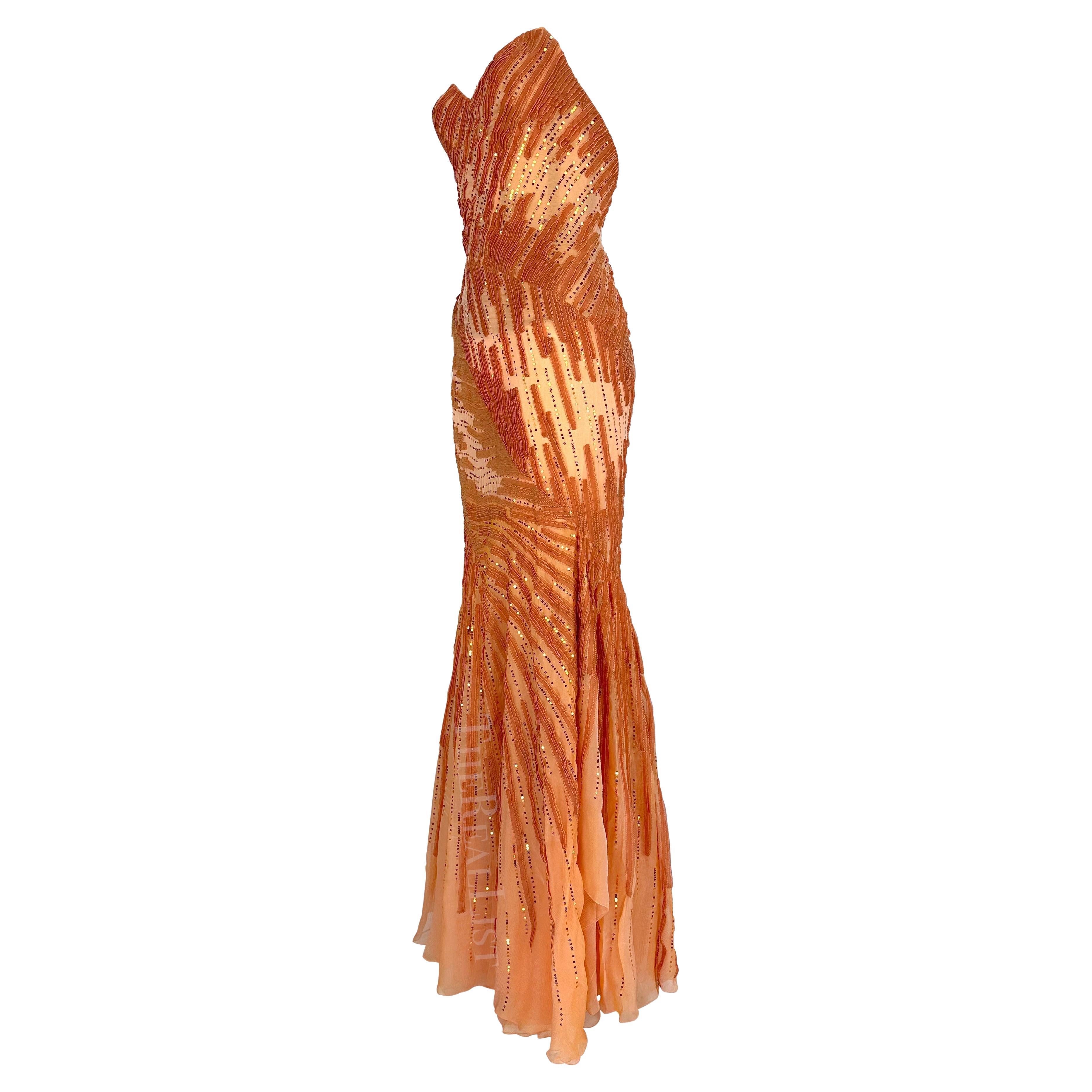 F/W 2002 Atelier Versace by Donatella Couture Sheer Orange Sequin Strapless Gown For Sale 6