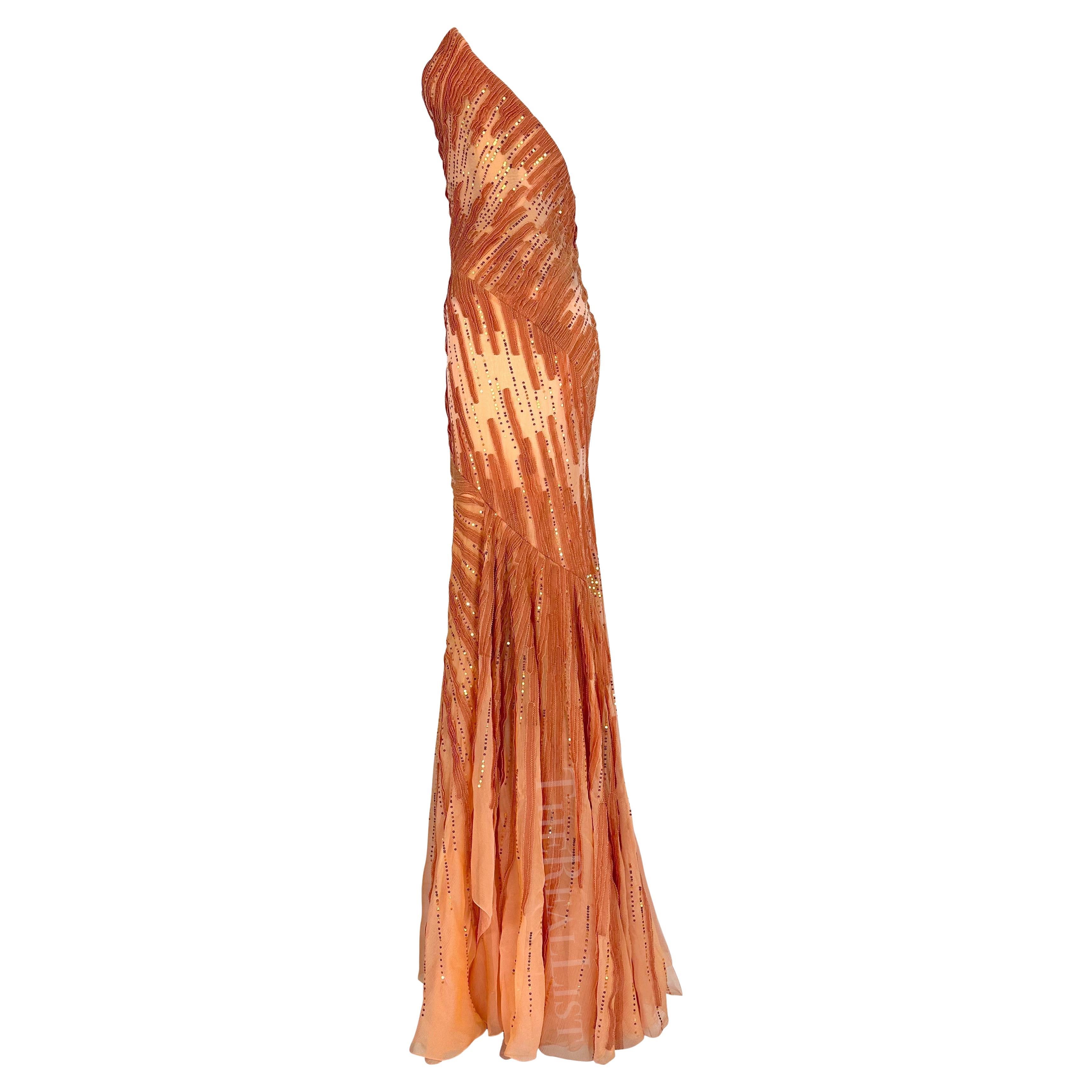F/W 2002 Atelier Versace by Donatella Couture Sheer Orange Sequin Strapless Gown For Sale 8