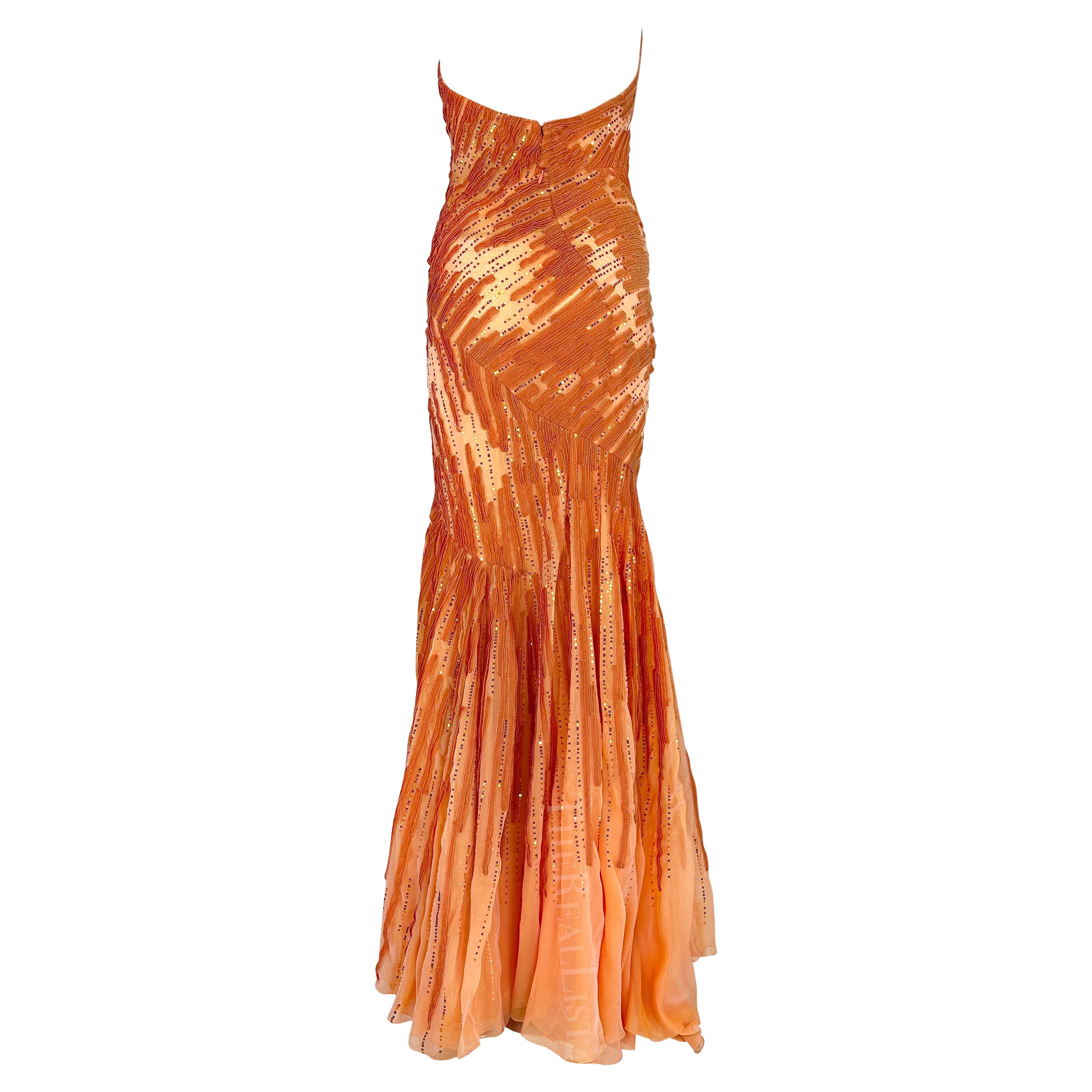 F/W 2002 Atelier Versace by Donatella Couture Sheer Orange Sequin Strapless Gown For Sale 9