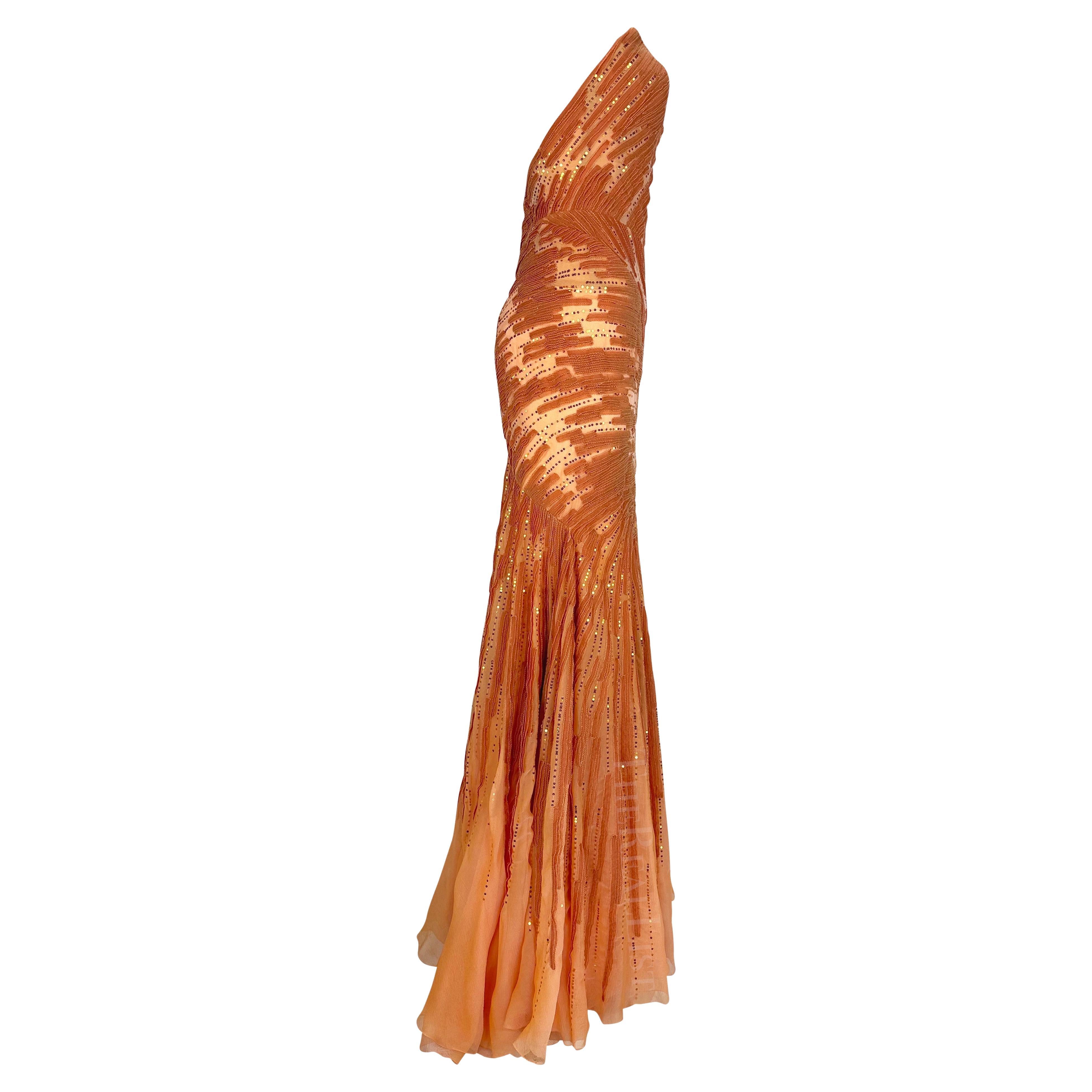 F/W 2002 Atelier Versace by Donatella Couture Sheer Orange Sequin Strapless Gown For Sale 10