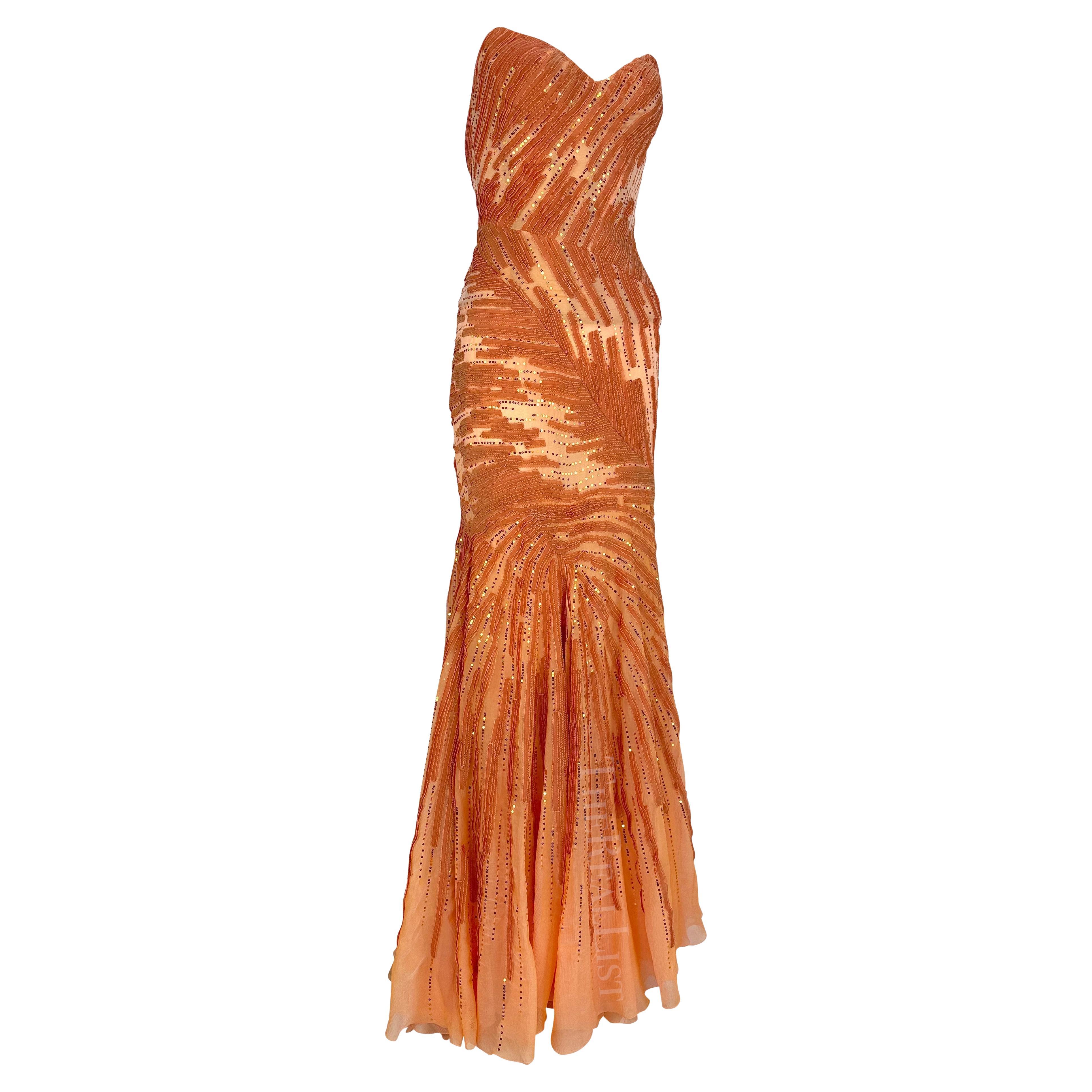 F/W 2002 Atelier Versace by Donatella Couture Sheer Orange Sequin Strapless Gown For Sale 11