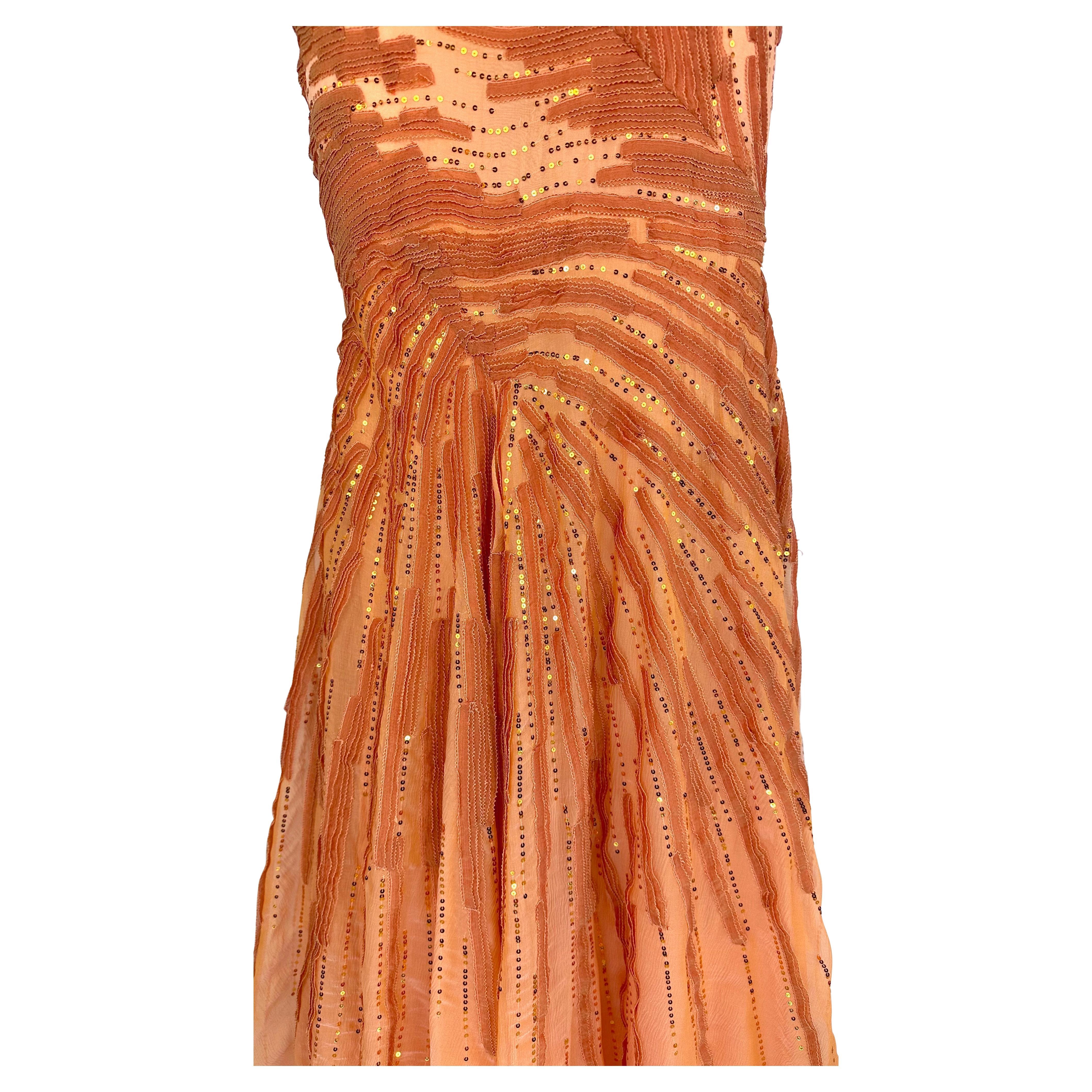 F/W 2002 Atelier Versace by Donatella Maya Rudolph Sheer Orange Sequin Gown For Sale 3