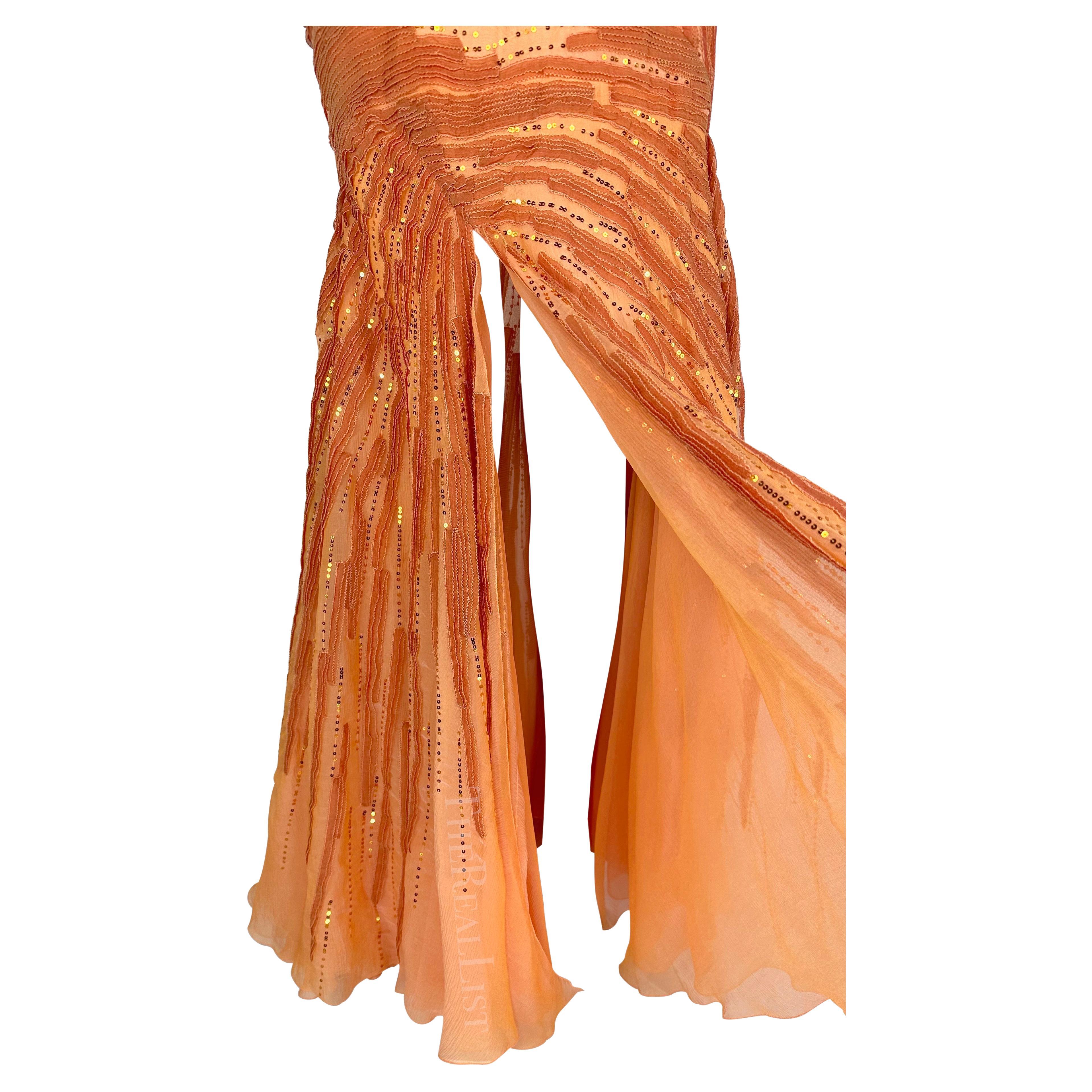 F/W 2002 Atelier Versace by Donatella Maya Rudolph Sheer Orange Sequin Gown For Sale 3
