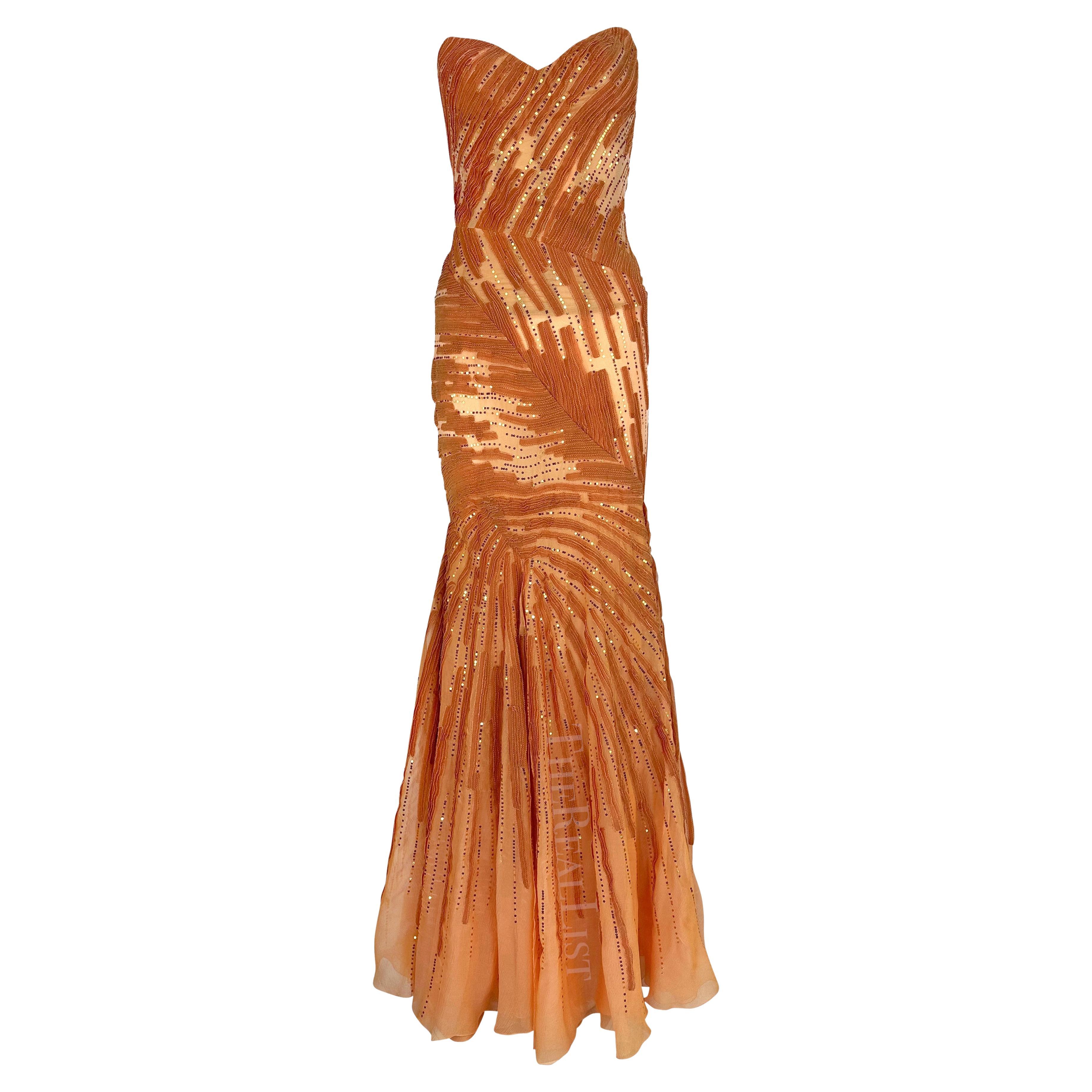 F/W 2002 Atelier Versace by Donatella Couture Sheer Orange Sequin Strapless Gown For Sale