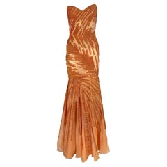 F/W 2002 Atelier Versace by Donatella Couture Sheer Orange Sequin Strapless Gown
