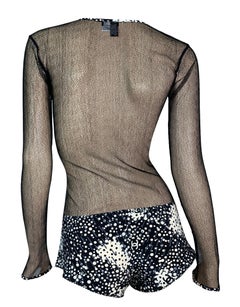 F/W 2002 Chanel Runway Sheer Black Fishnet L/S Logo Bodysuit Romper
